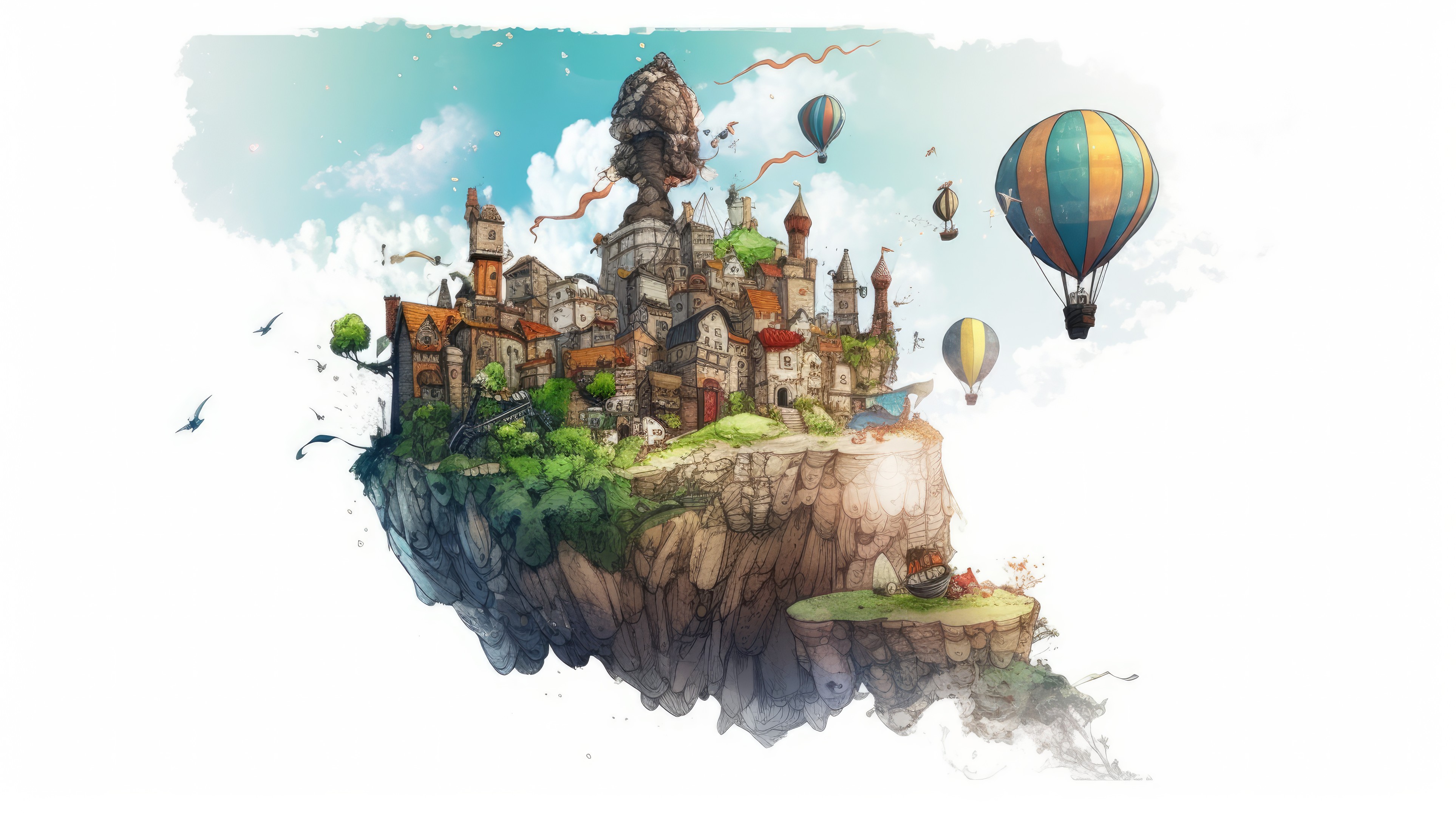 Ai Art City Illustration Fantasy City Hot Air Balloons Sky Clouds Fantasy Art 3854x2160