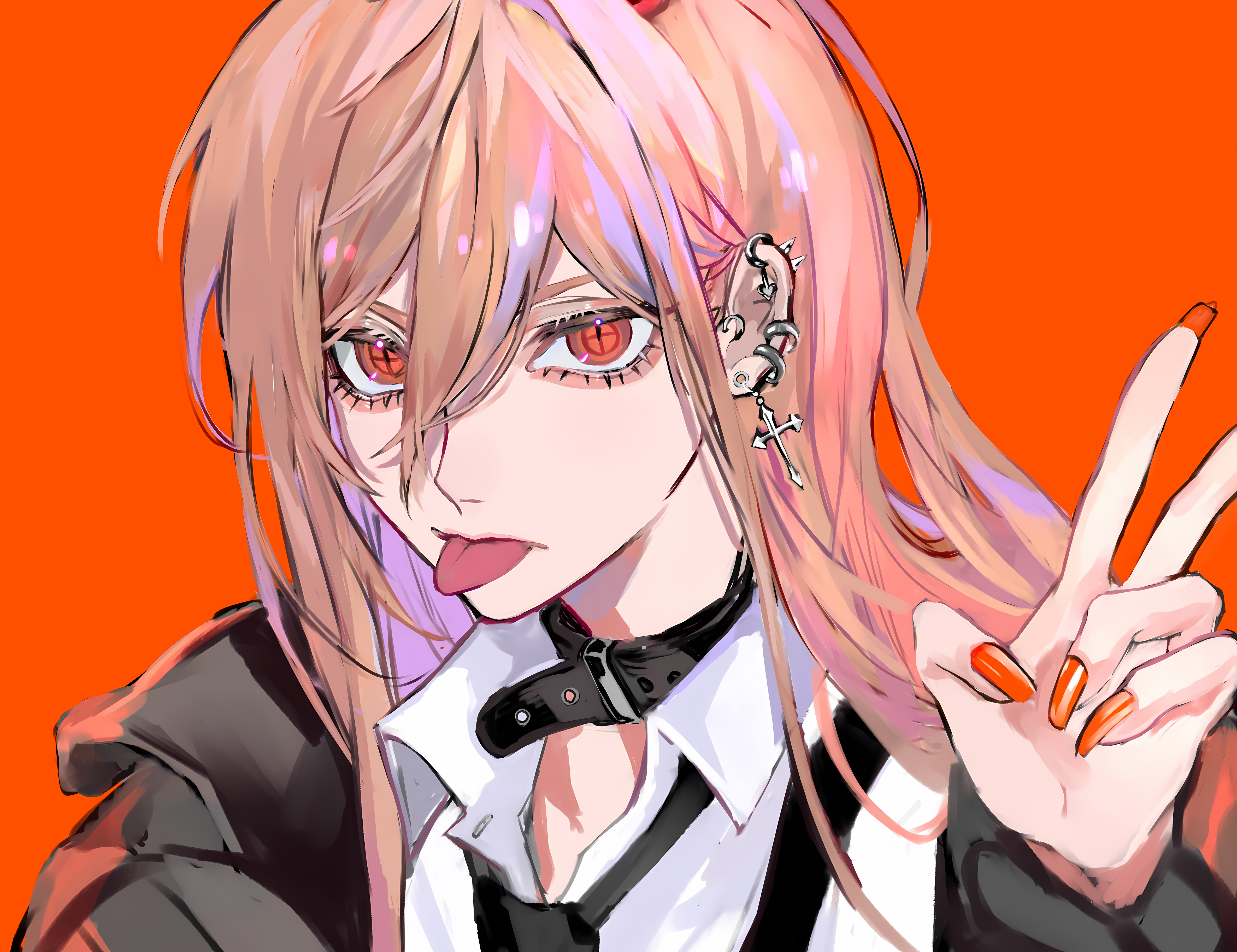 Power Chainsaw Man Chainsaw Man Anime Anime Girls Tongue Out Earring Peace Sign 4738x3648