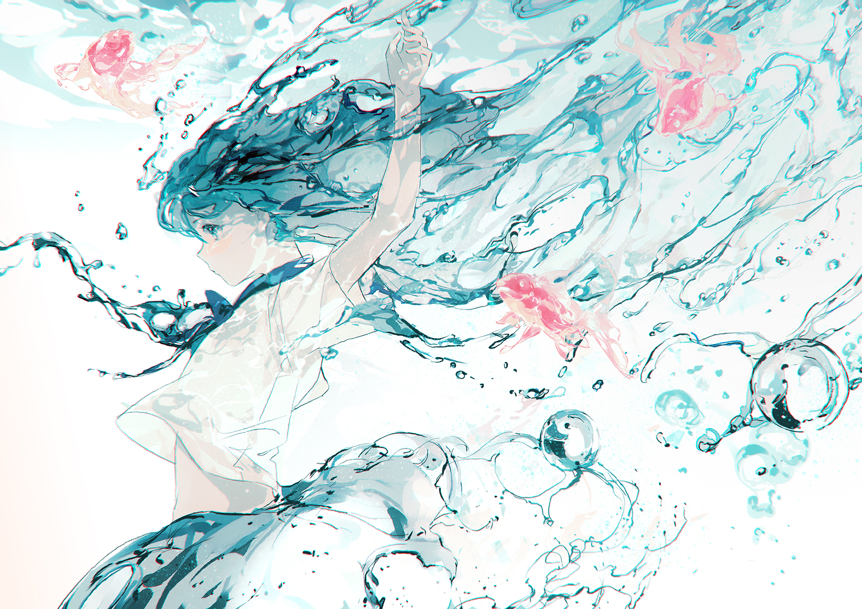 Anime Anime Girls Profile Water Fish Arms Up Water Drops Side View Blue Hair Blue Eyes 1697x1200
