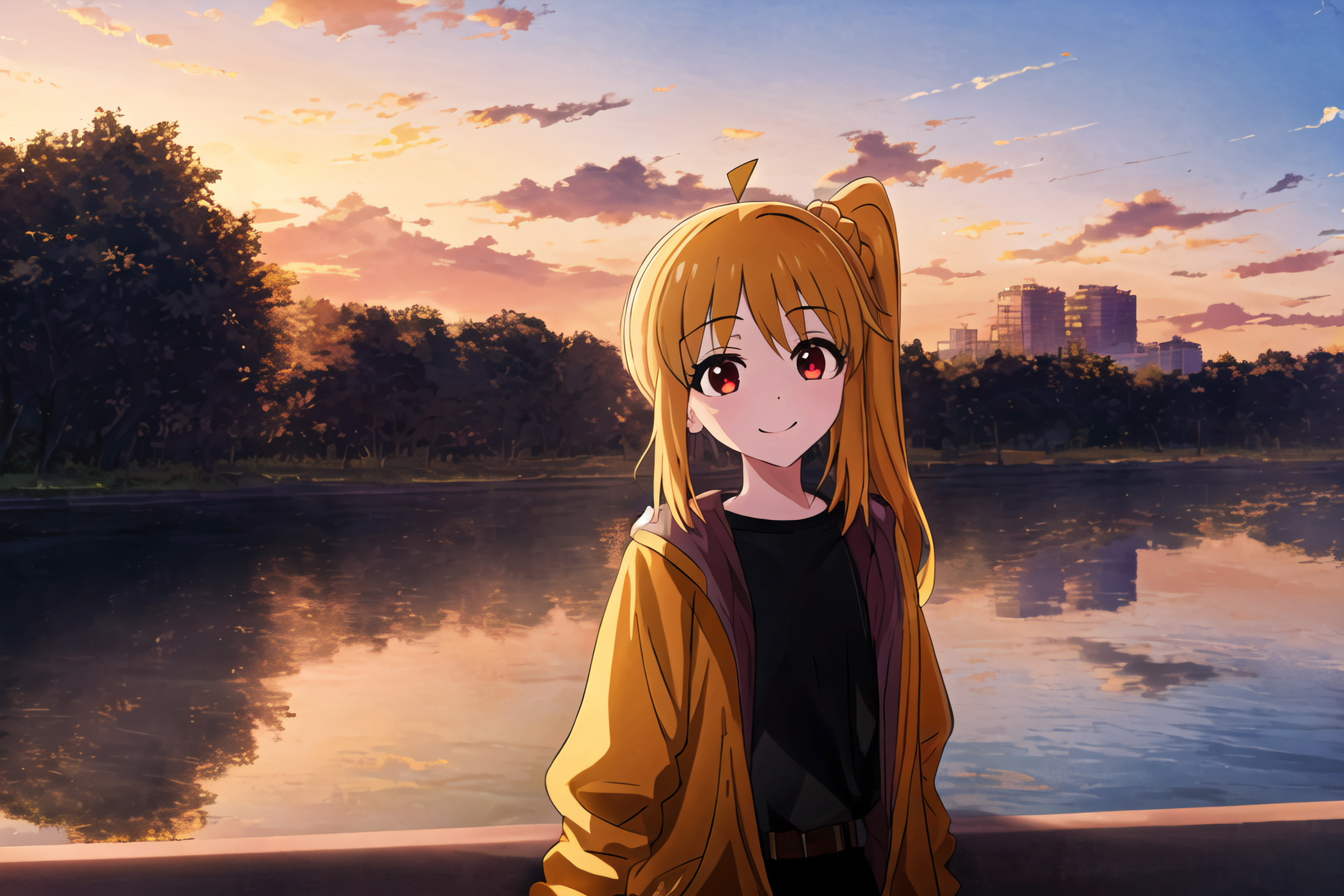 Blonde Nijika Ijichi BOCCHi THE ROCK Anime Girls Sunset Glow Smiling Sunset Reflection Water Clouds  2400x1600