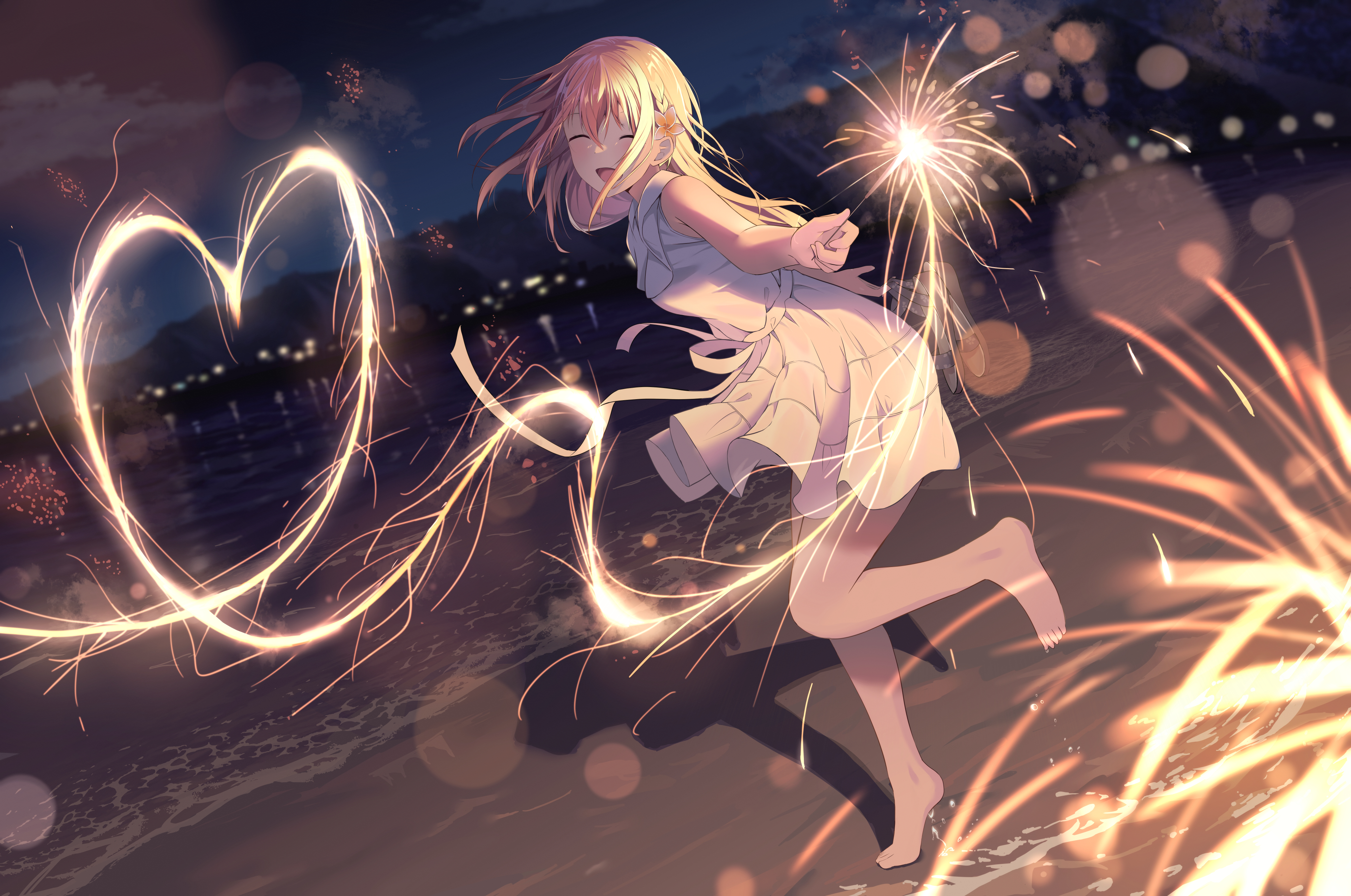 Anime Anime Girls Beach White Dress Long Hair Sky Fireworks Closed Eyes Dress Standing On One Leg Ni 4000x2653