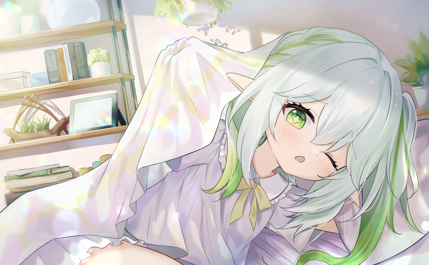 Genshin Impact Nahida Genshin Impact Green Eyes Pyjamas Anime Girls Morning Fan Art Pointy Ears Look 1500x929