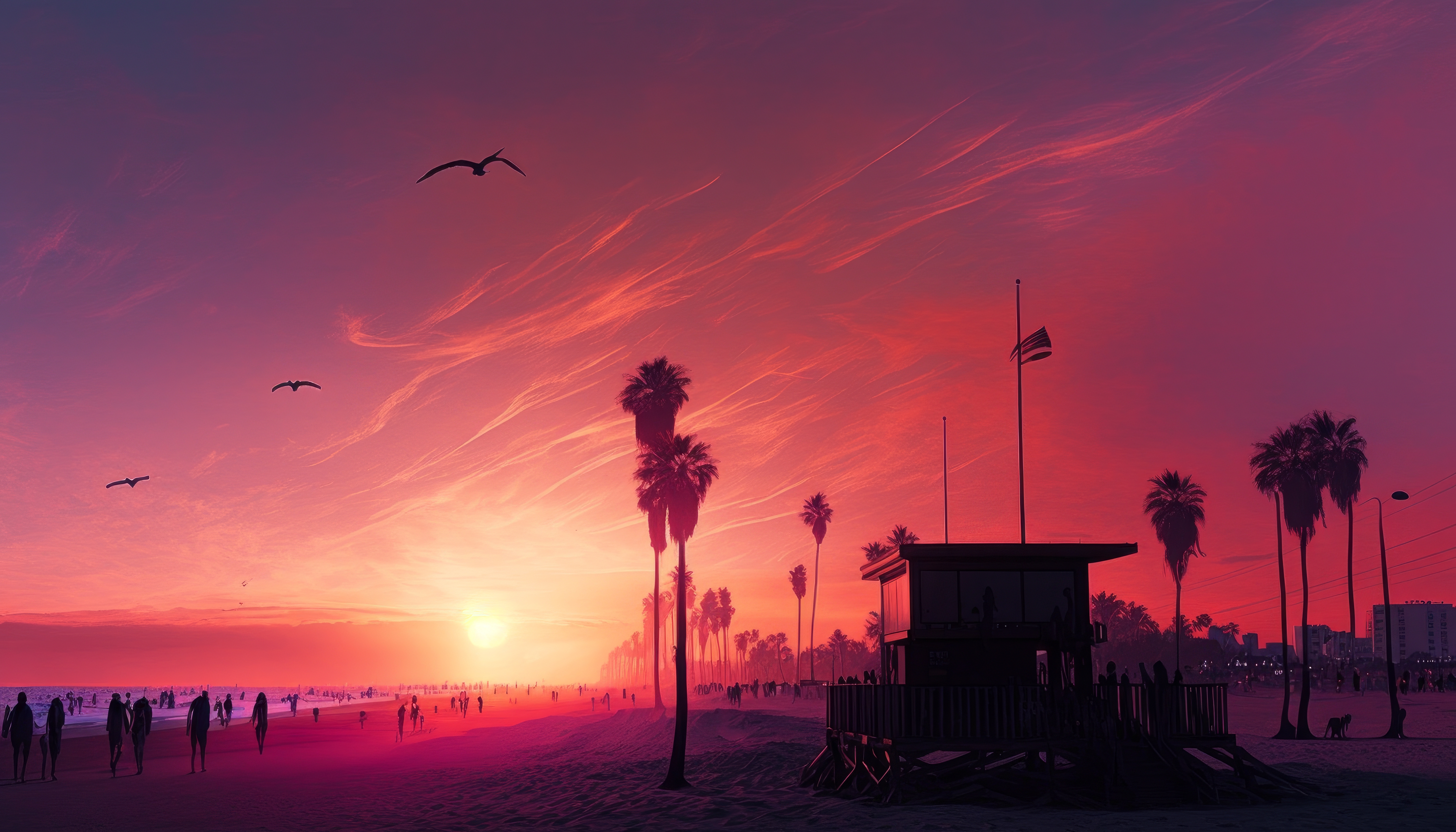 Ai Art Venice Beach Sunset Palm Trees Sunset Glow Silhouette People 4579x2616