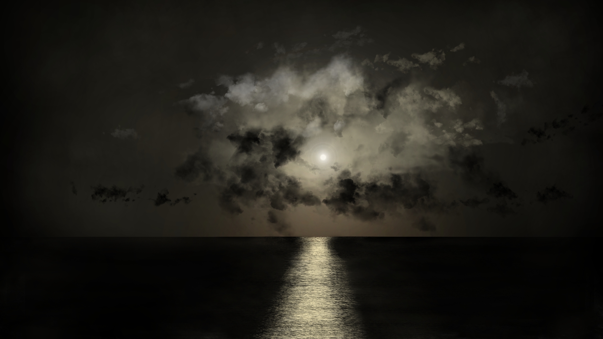 Digital Painting Digital Art Moon Rays Clouds Night Reflection Water 1920x1080