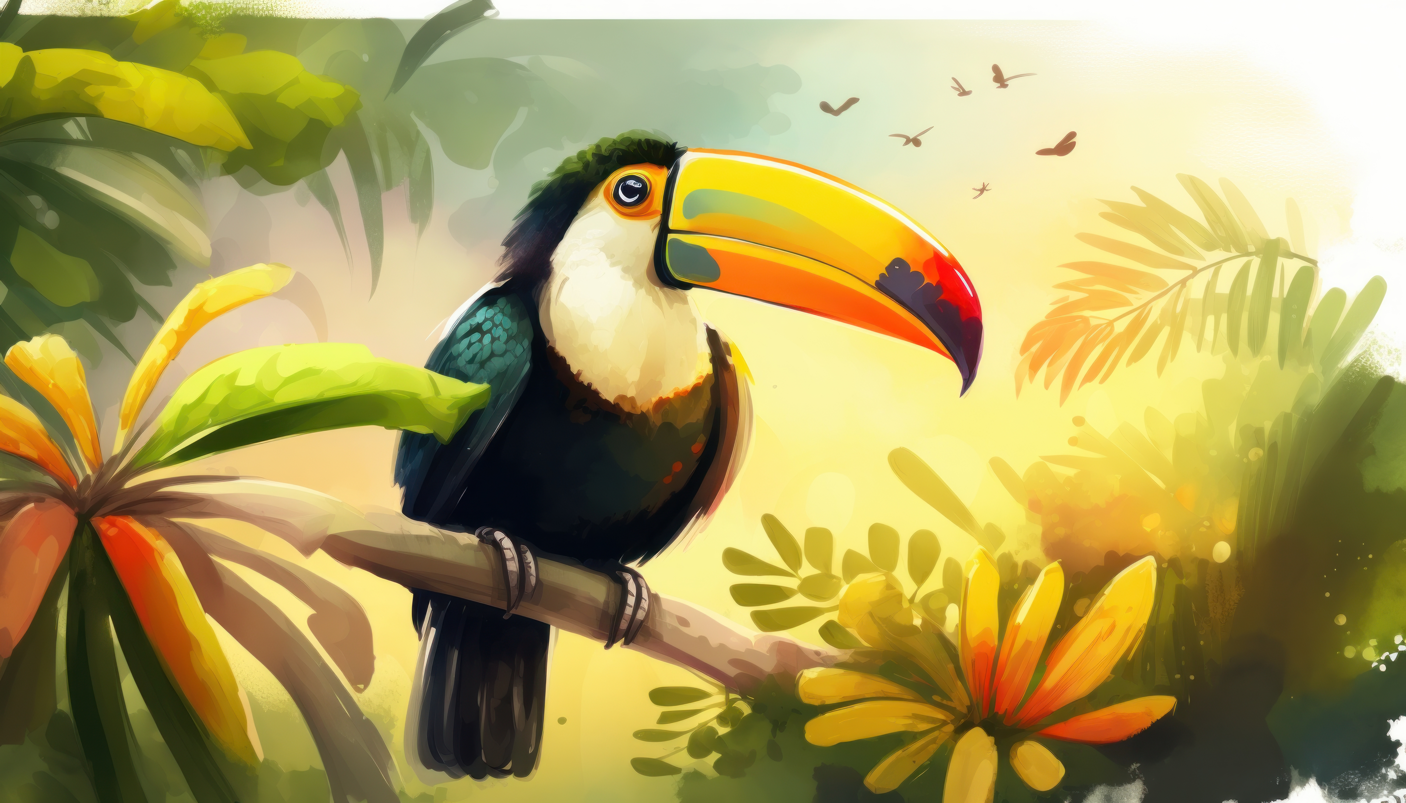 Ai Art Illustration Birds Animals Nature Flowers Toucans Jungle Leaves 4579x2616