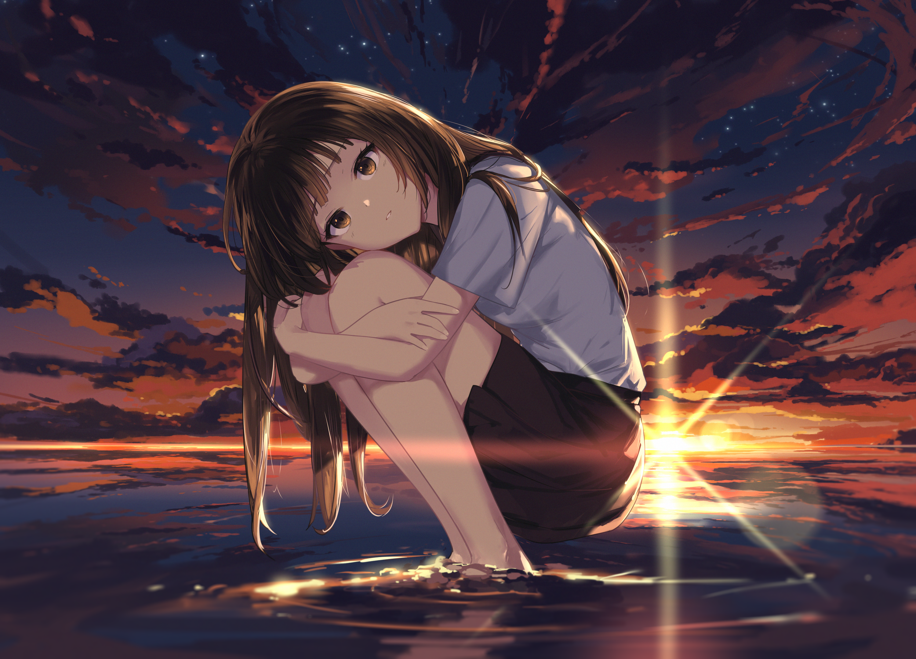 Anime Anime Girls Sunset Sunset Glow In Water Water Looking At Viewer Clouds Long Hair Brunette Star 3000x2160