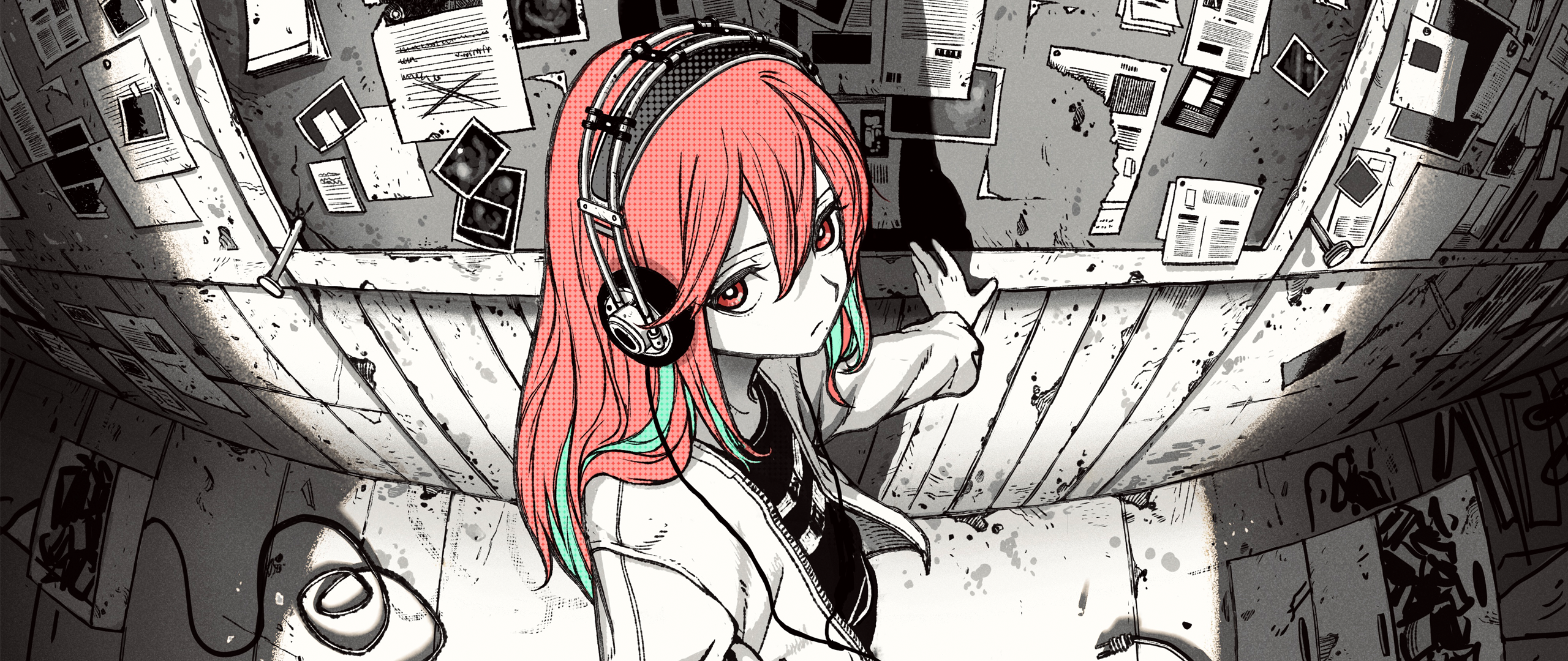Anime Girls Selective Coloring Headphones White Hoodie Fisheye Lens High Angle Looking At Viewer Red 2560x1080
