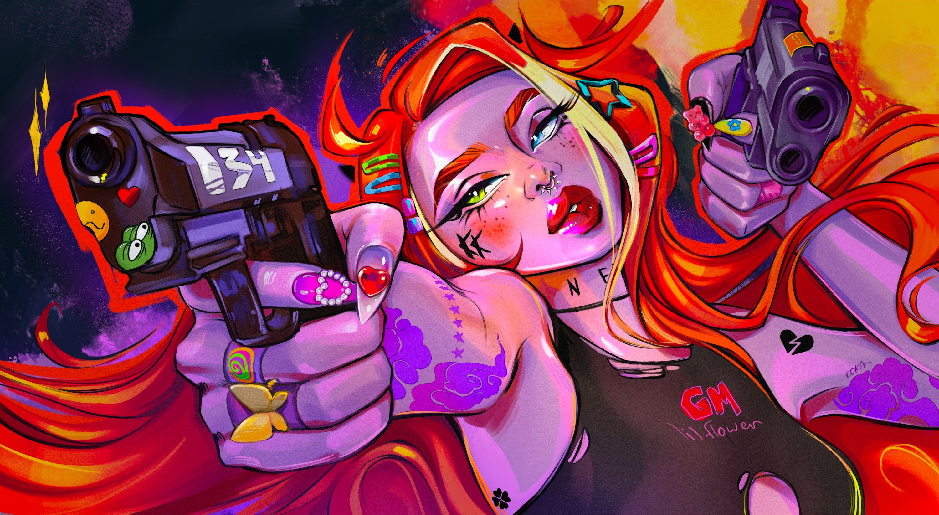 Digital Art Artwork Illustration Women Redhead Long Hair Red Lipstick Pistol Long Nails Pierced Sept 3000x1645