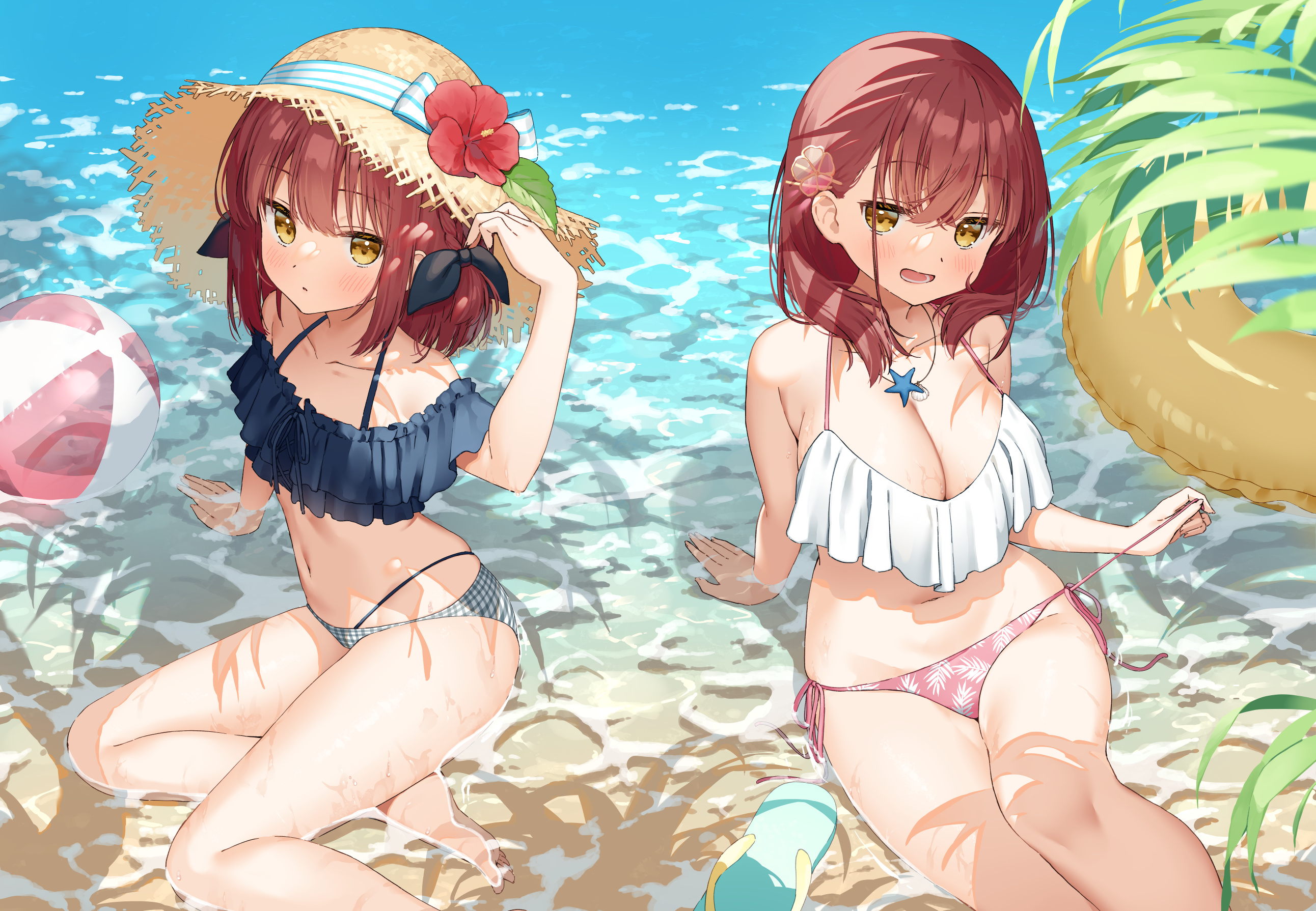 Anime Anime Girls Original Characters Twins Two Women Artwork Digital Art Fan Art Straw Hat Beach Ba 2584x1790