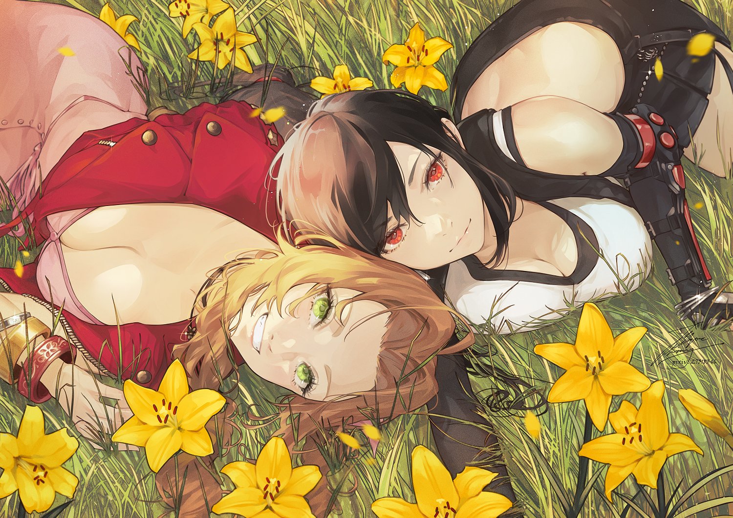 Final Fantasy Vii Tifa Lockhart Aeris Gainesbourg Flowers Red Eyes Looking At Viewer Smiling Anime G 1500x1061