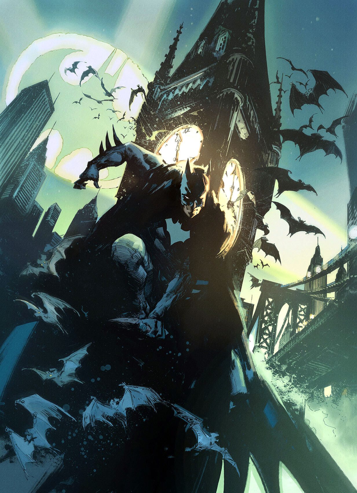 Artwork Batman Mathieu Lauffray Bats Gotham City Clocktowers Sky Batman Logo DC Comics Superhero 1233x1703