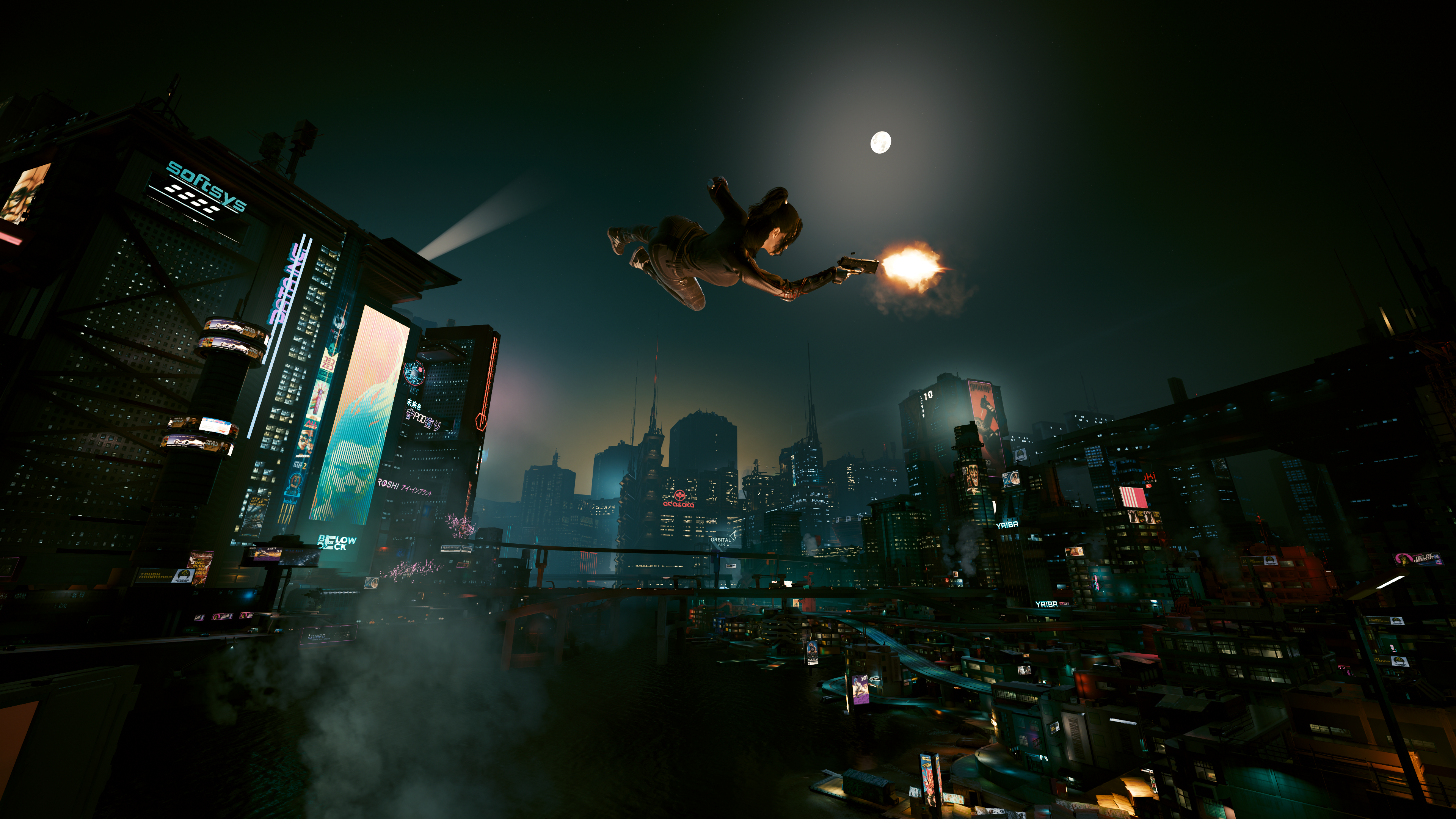 CD Projekt RED Cityscape V Cyberpunk 2077 CGi Video Games City City Lights Night Moon Gun 3840x2160