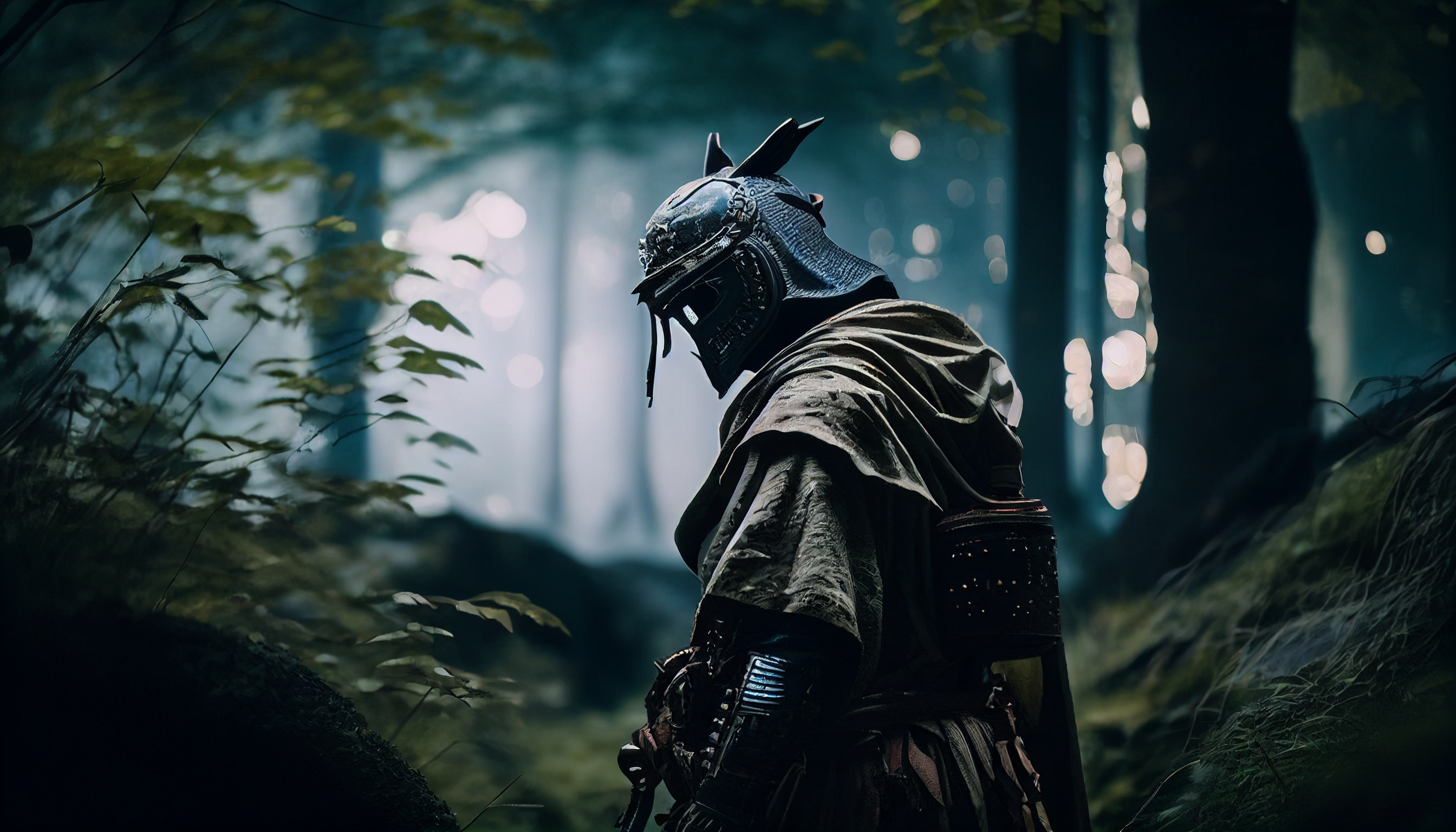 Samurai Forest Ai Art Trees Armor Helmet Leaves 2688x1536