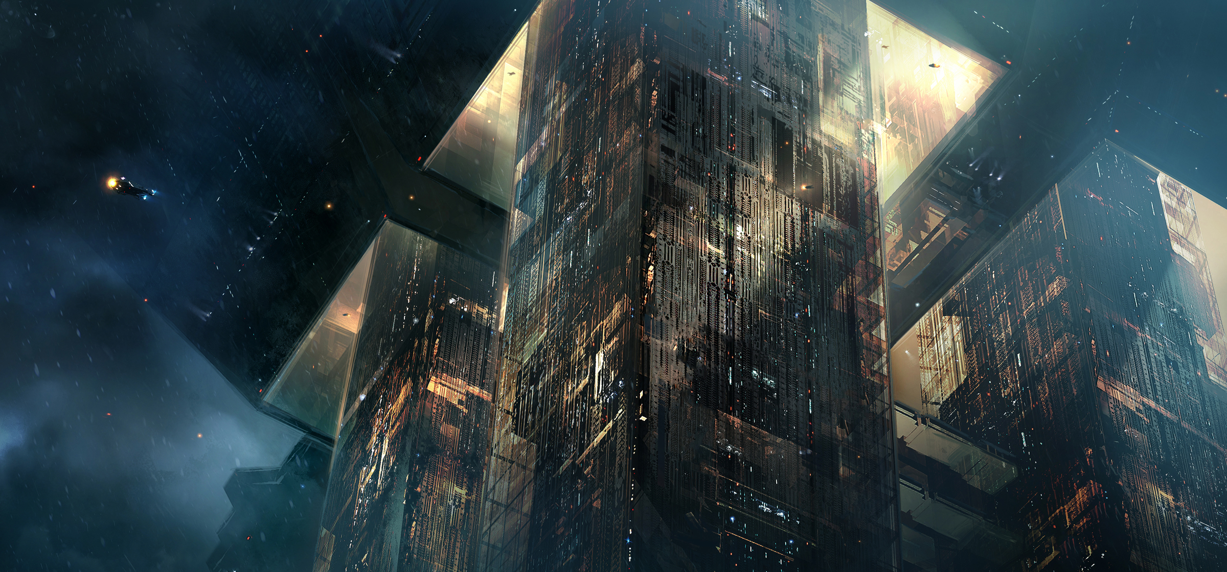 George Hull Science Fiction Megastructure Skyscraper Tower Building Futuristic Clouds Digital Art 2400x1120