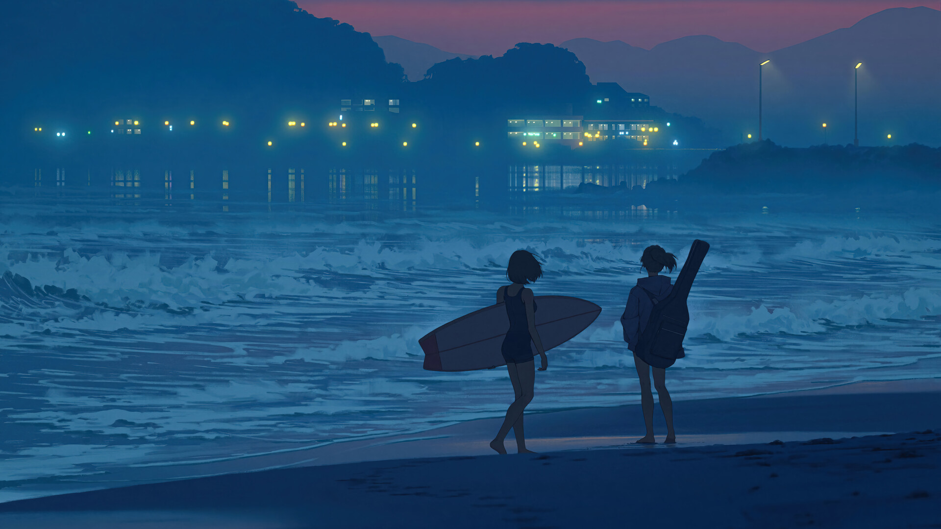 Two Women Beach Evening Anime Girls Sunset Surfboards City Lights Waves Barefoot Water Guitar Women  1920x1080