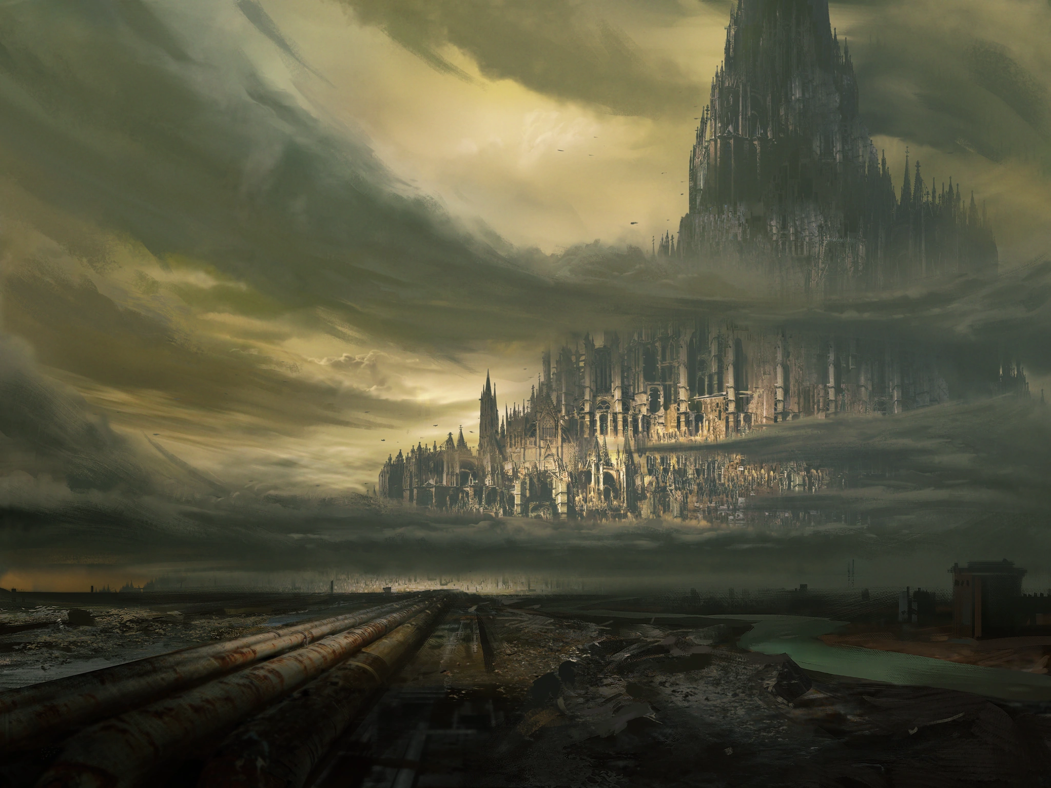 Warhammer 40 000 Hive City Science Fiction City Tower Wall Desolate Clouds Digital Art Wasteland Tox 2048x1536