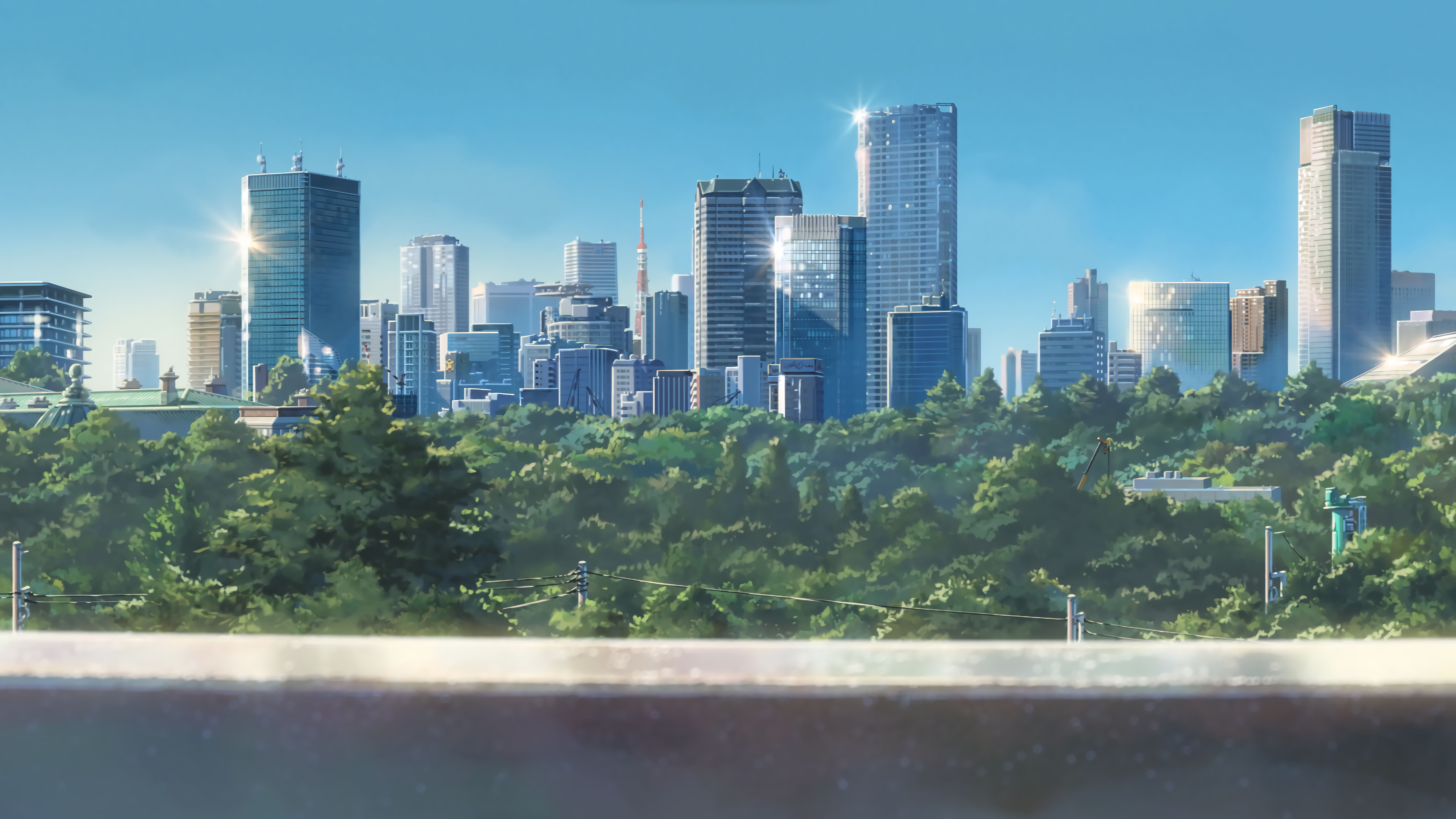 City Bright Trees Building Handrail Anime Modern Tokyo Anime City Urban 7680x4320
