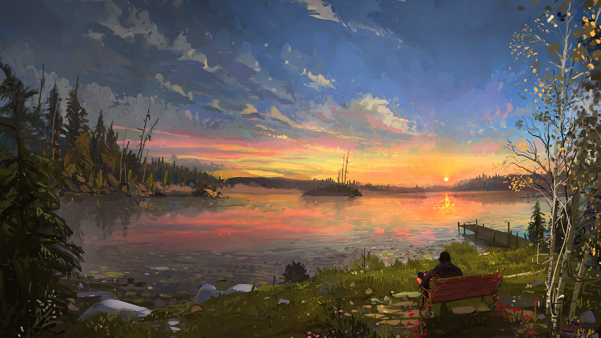 Ismail Inceoglu Landscape Sunset Nature Bench Water Clouds Sky 1920x1080