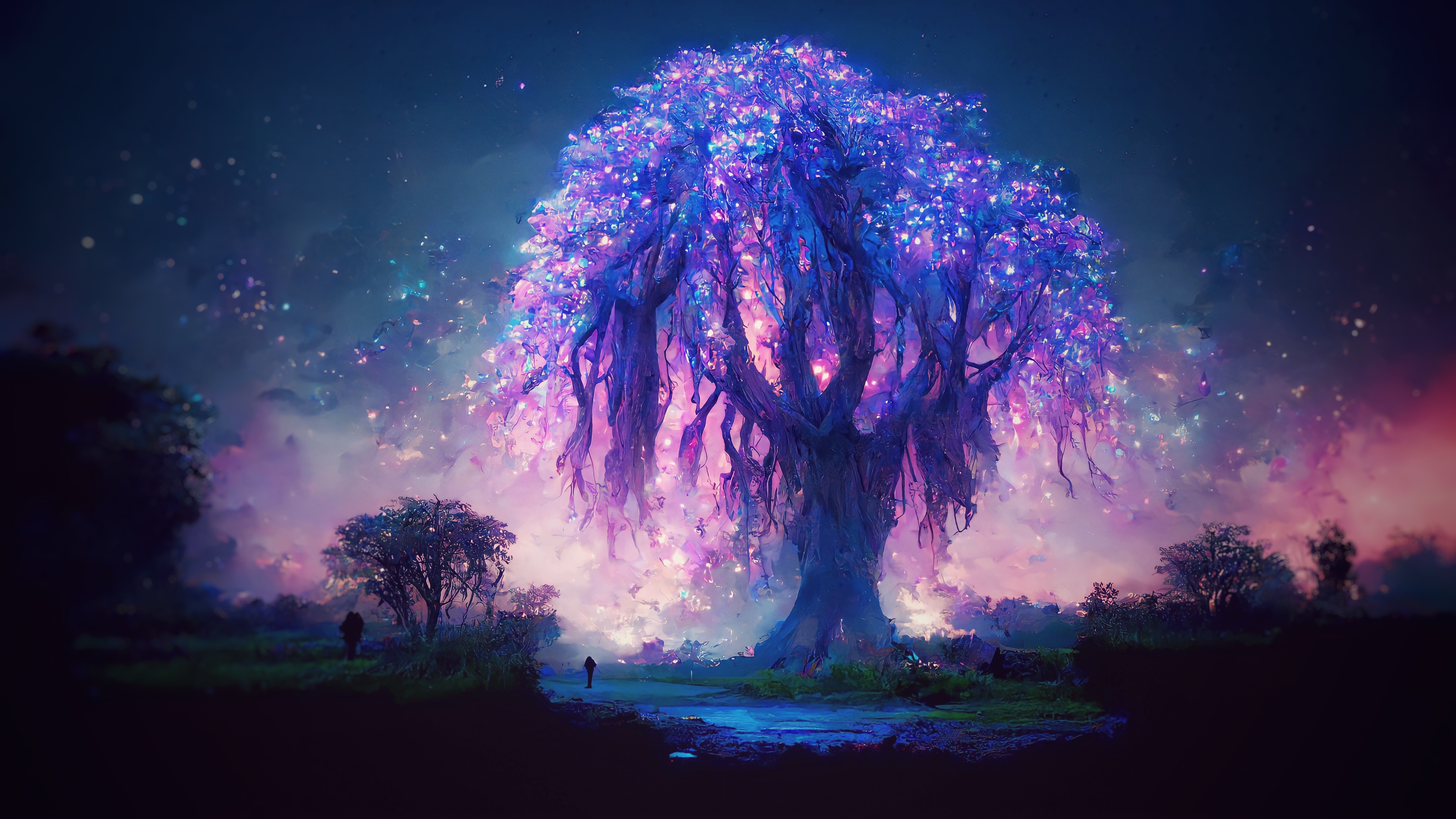 Magic Tree Glowing Landscape Colorful Fireflies Trees Fantasy Art Ai Art Plants Beautiful Background 4096x2304