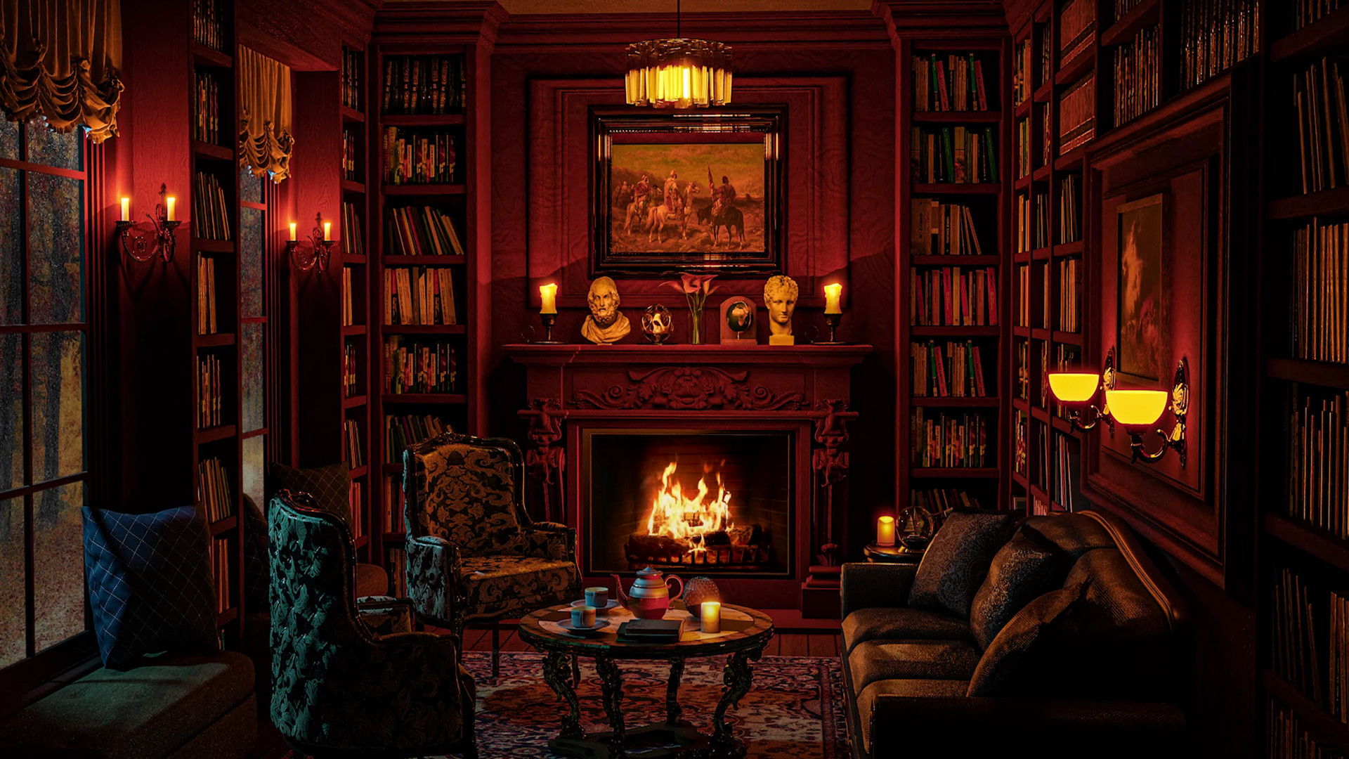 Fireplace Interior Lights Classical Palace Books Furnished Chair Couch Table Candles 1920x1080