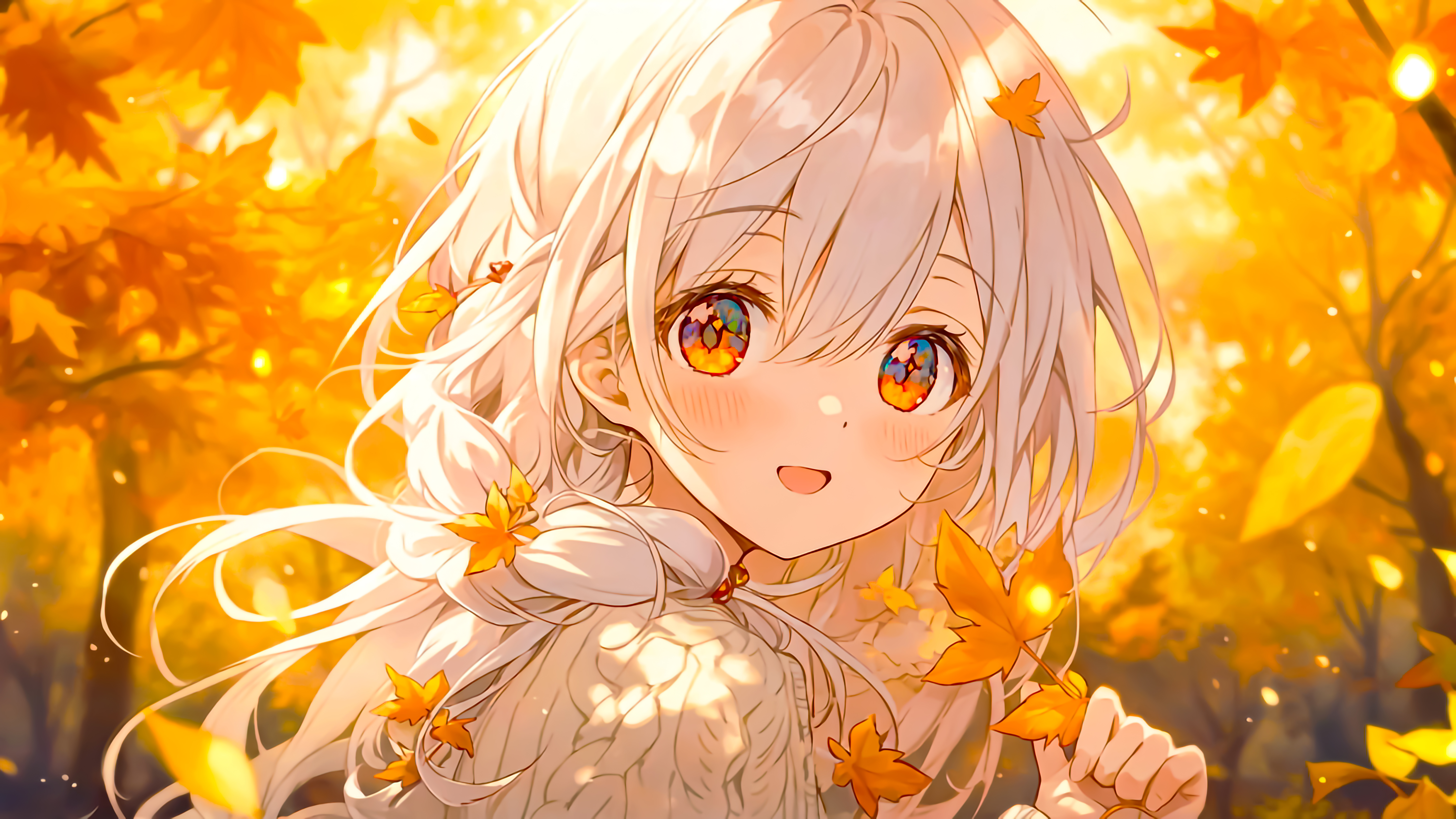 Leaves Anime Girls Simple Background Fall Yellow Looking At Viewer Blushing Long Hair Multi Colored  7111x4000
