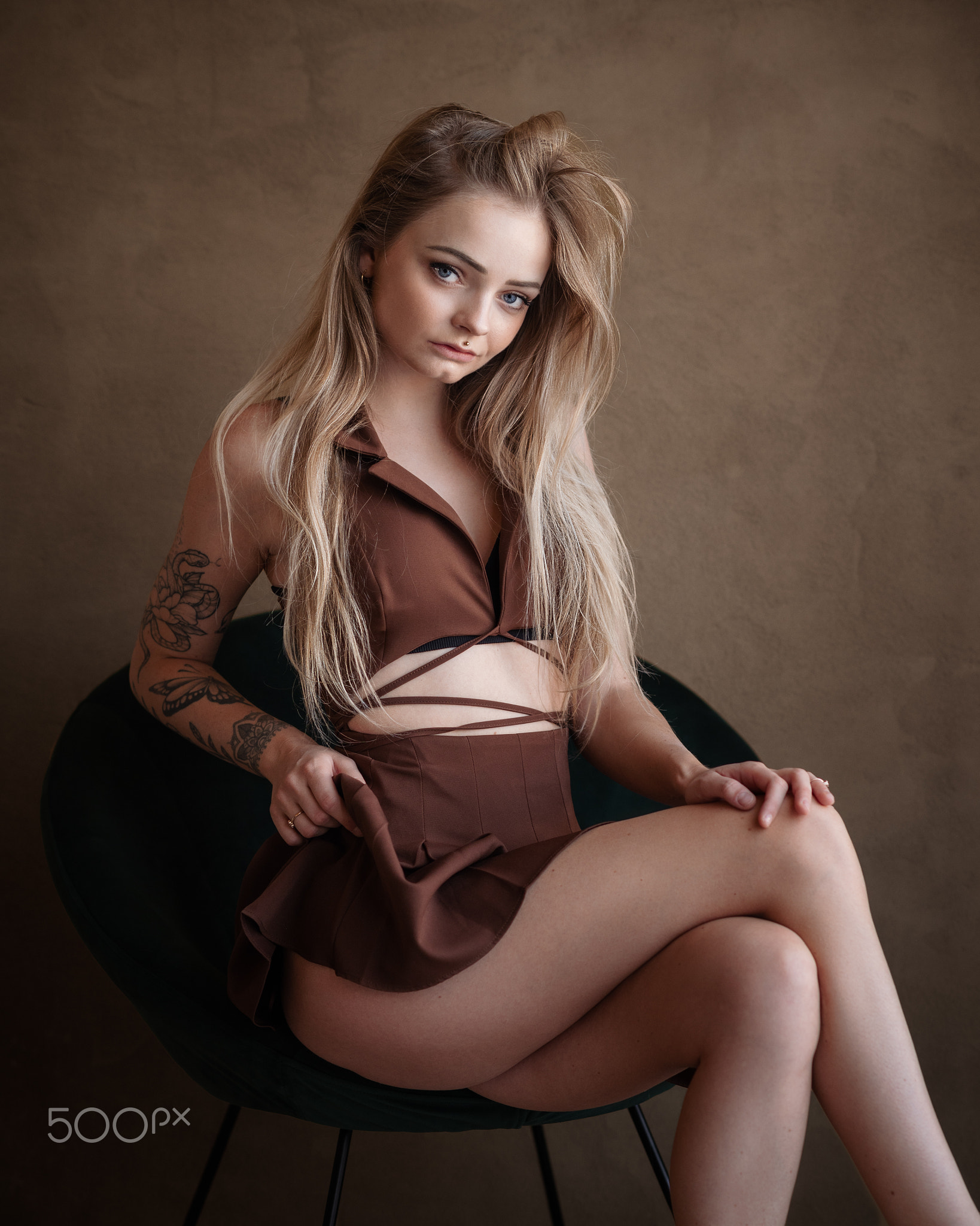 Michel Keppens Women Blonde Long Hair Legs Crossed Dress Brown Clothing Tattoo Chair 1638x2048