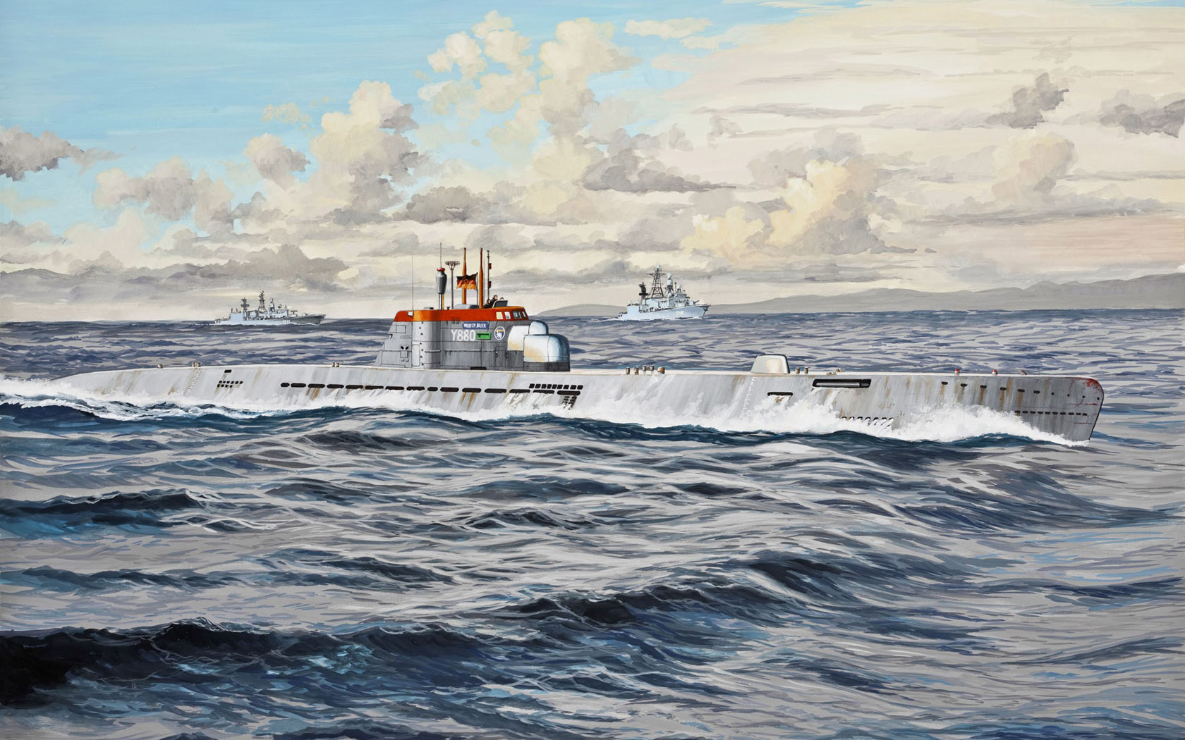 Warship Sea Army Sky Military Water Waves Clouds Flag German Flag Artwork Submarine 1680x1050