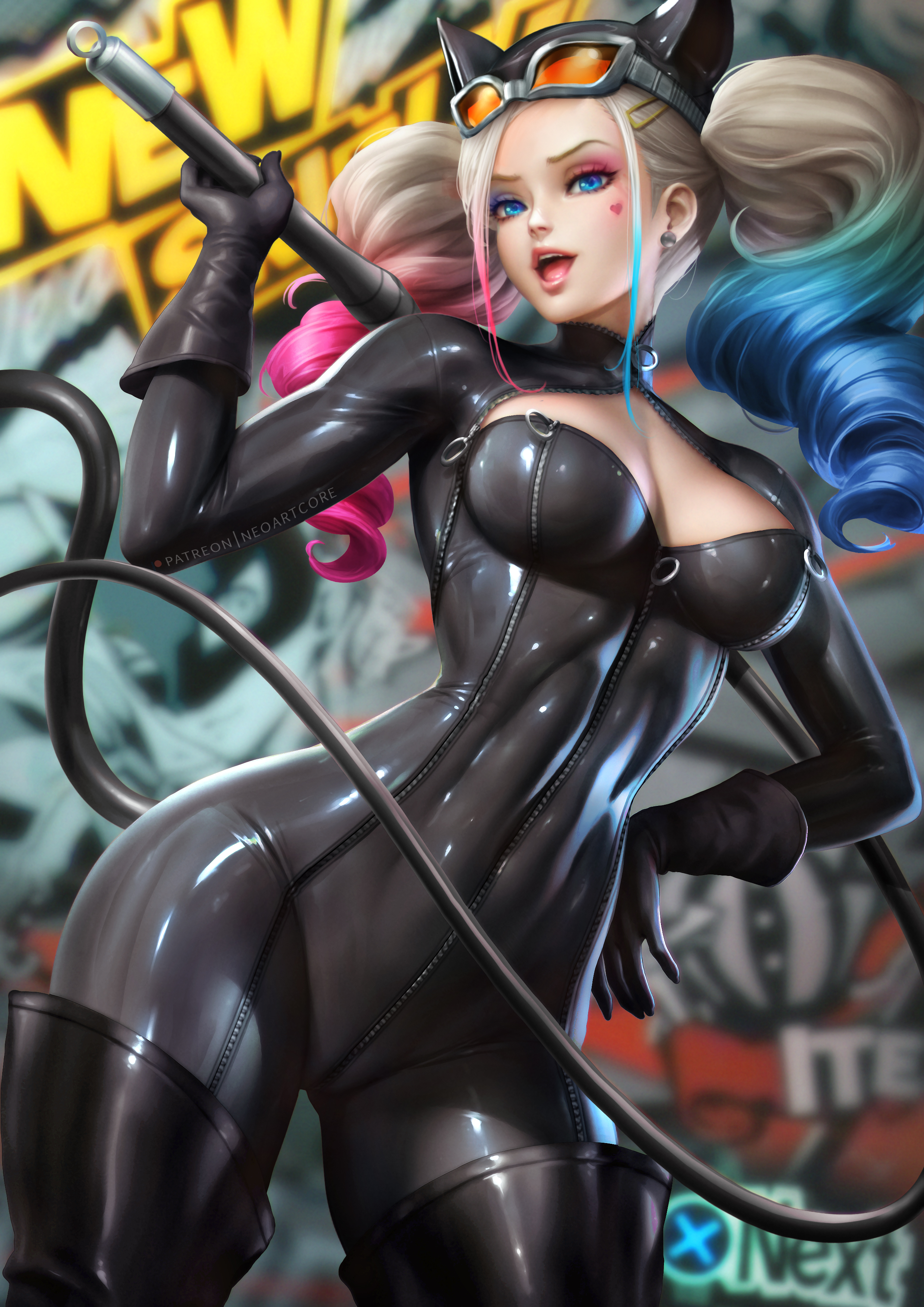 Catwoman NeoArtCorE Artist Cosplay Tight Clothing Whips Gloves Mask Goggles Blonde Wide Hips Vertica 2480x3508