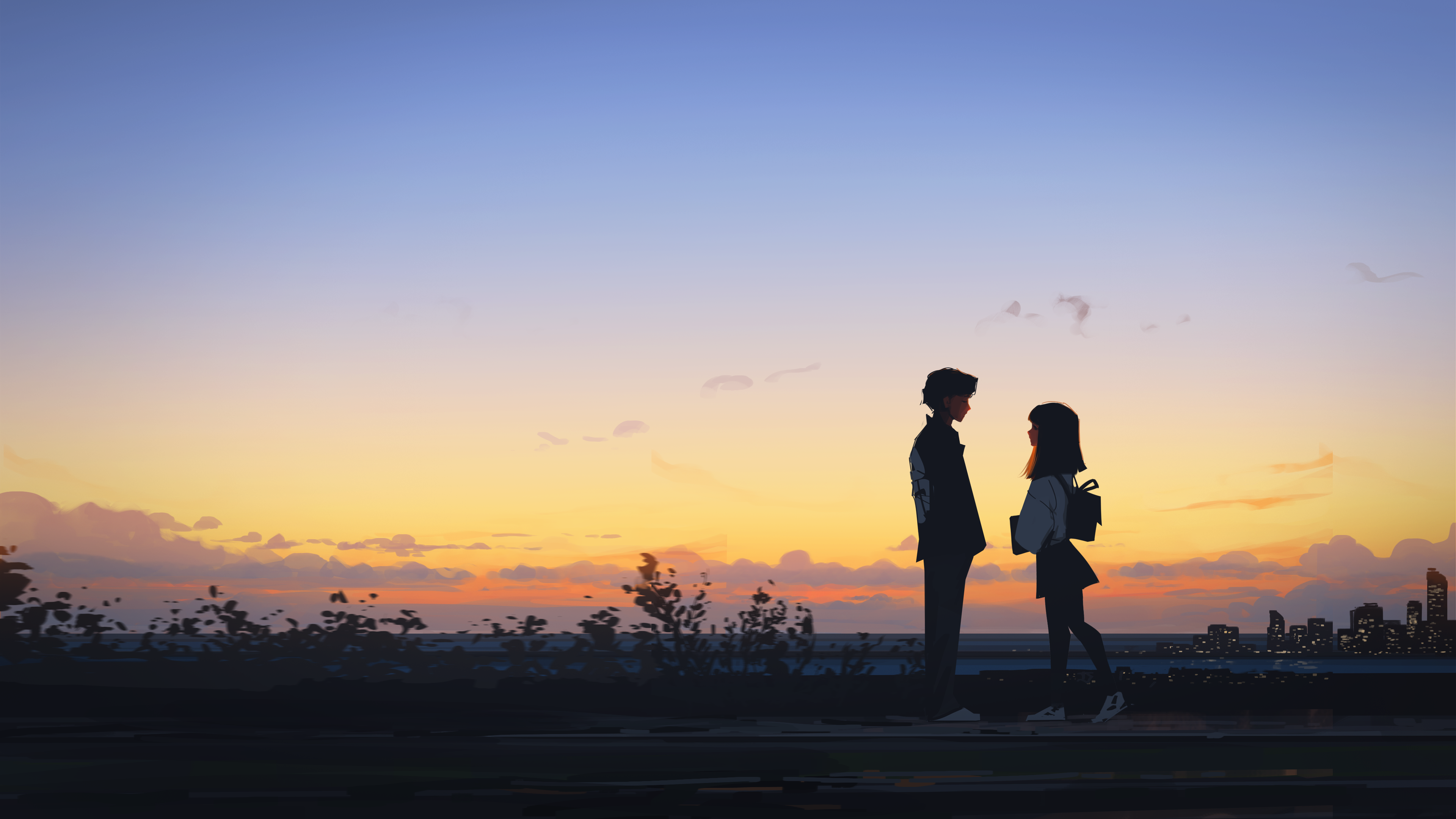 Sam Yang Digital Art Artwork Illustration Women Couple Men Landscape Clouds City Sunset 4K 3840x2160