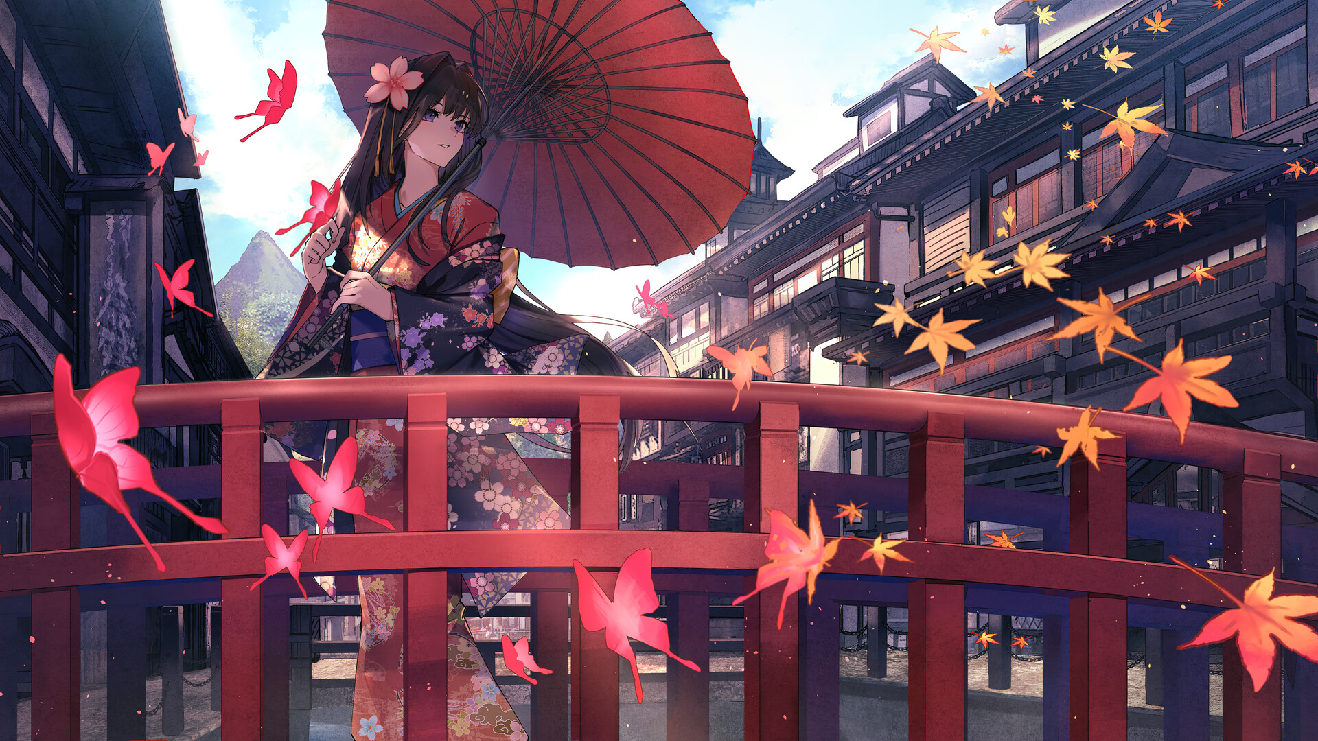 Women Outdoors Umbrella Long Hair Dark Hair Kimono Looking Away Bridge Butterfly Leaves Anime Girls  1920x1080