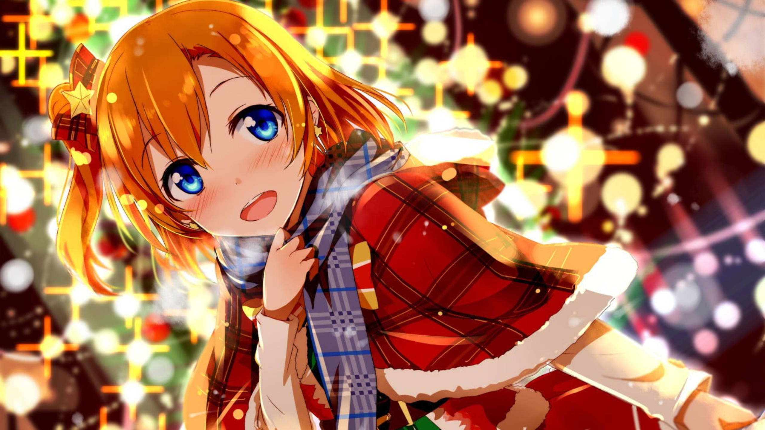 Anime Girls Anime Christmas Clothes Christmas Lights Scarf Love Live Blushing Lights 2560x1440