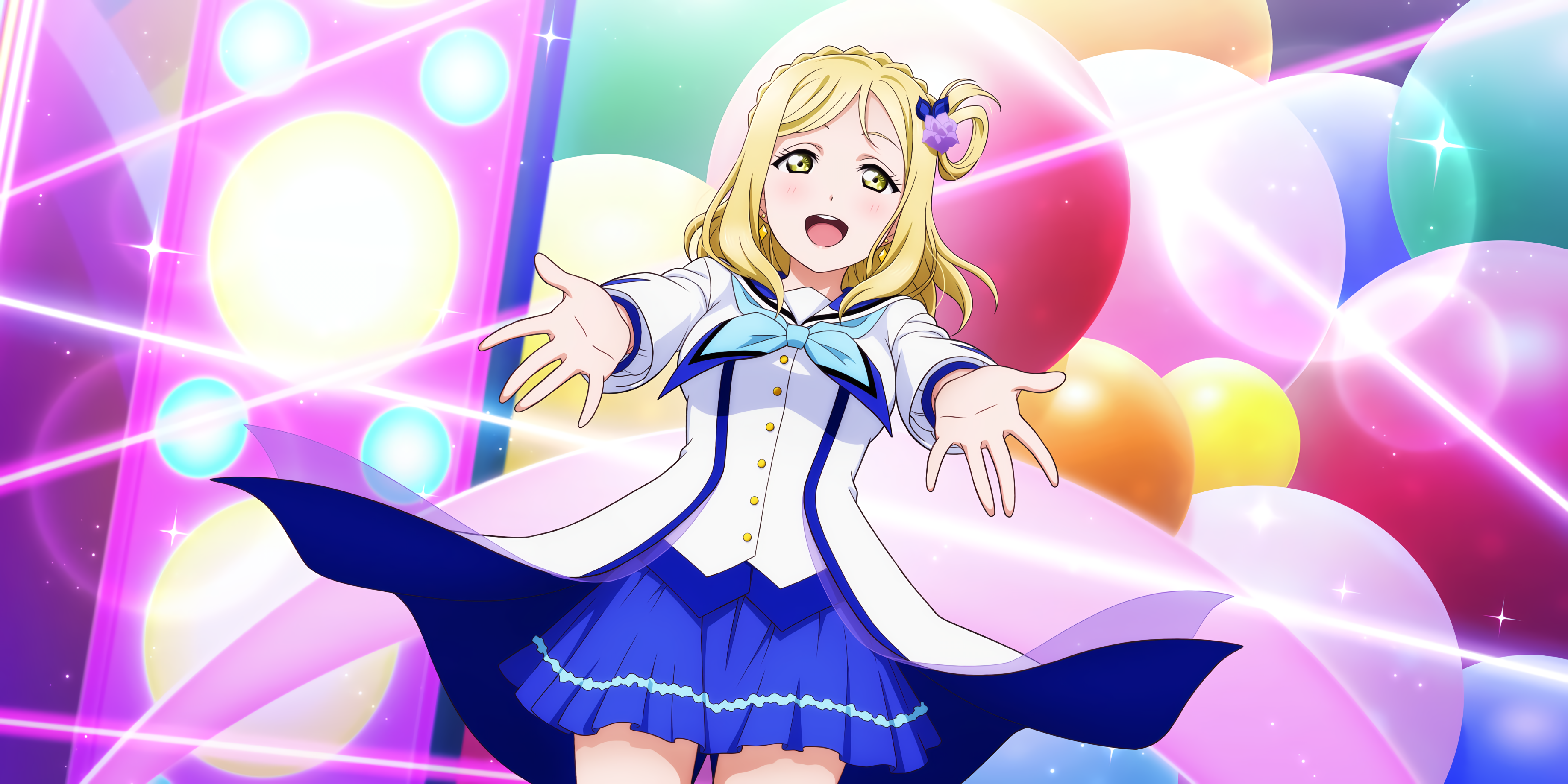 Ohara Mari Love Live Sunshine Anime Anime Girls Yellow Eyes Blonde Blue Bow Blue Skirt Flower In Hai 3670x1836