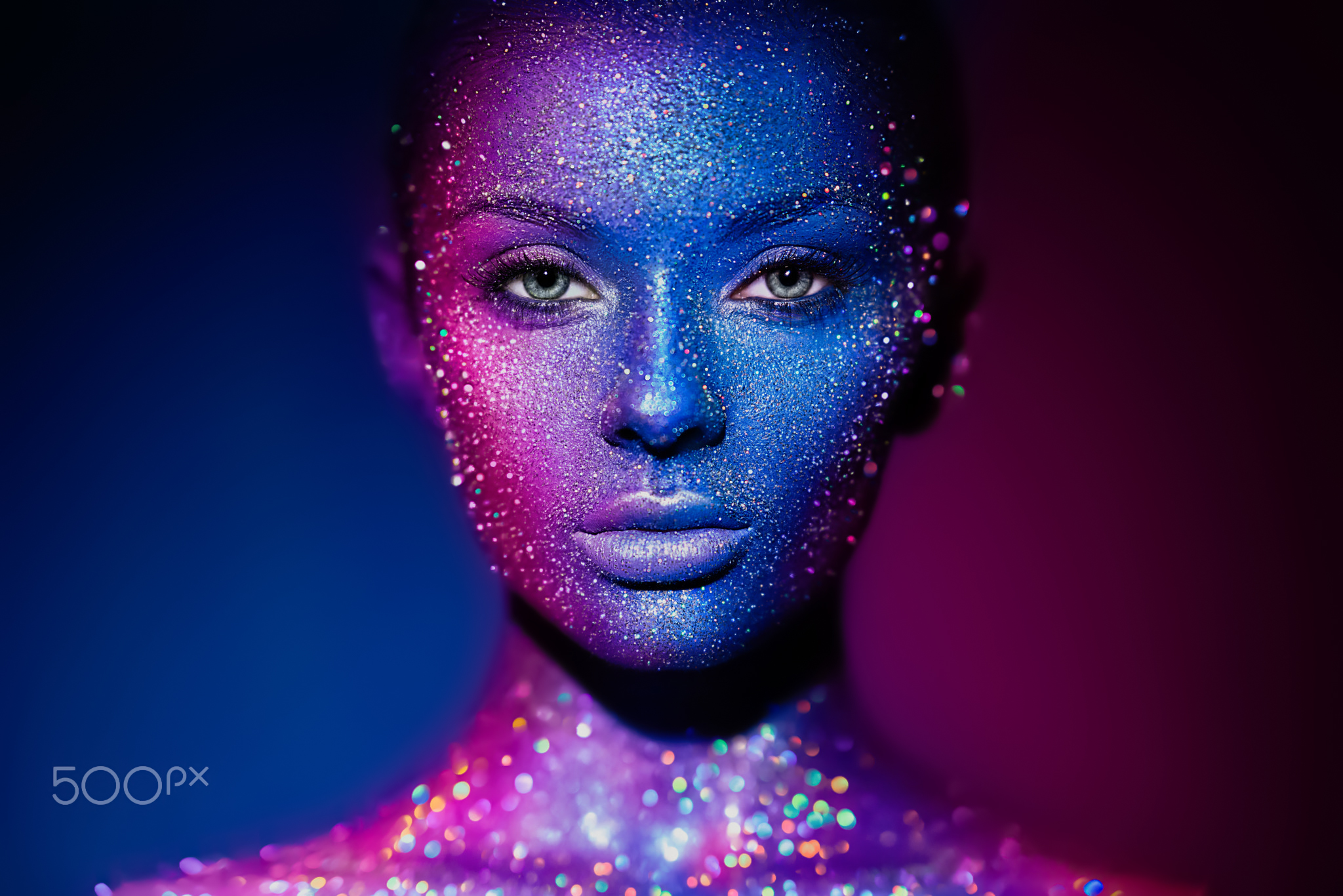 Oleg Gekman Women Portrait Face Paint Body Paint Makeup Glamour Blue Eyes Glitter Blue Pink Face Clo 2048x1366