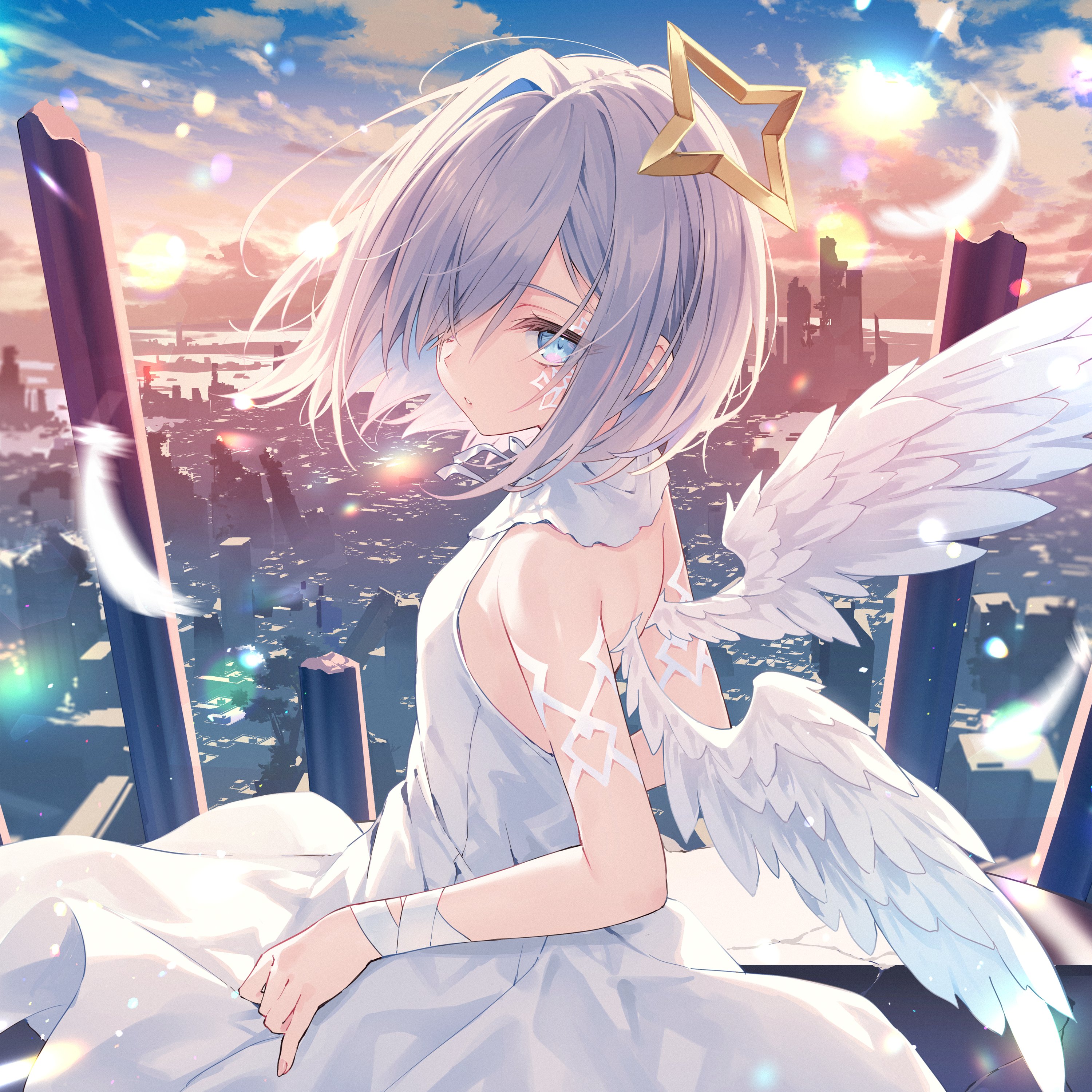 Anime Rurudo Anime Girls Amane Kanata Hololive Virtual Youtuber Wings Feathers Sky Clouds Looking At 3000x3000