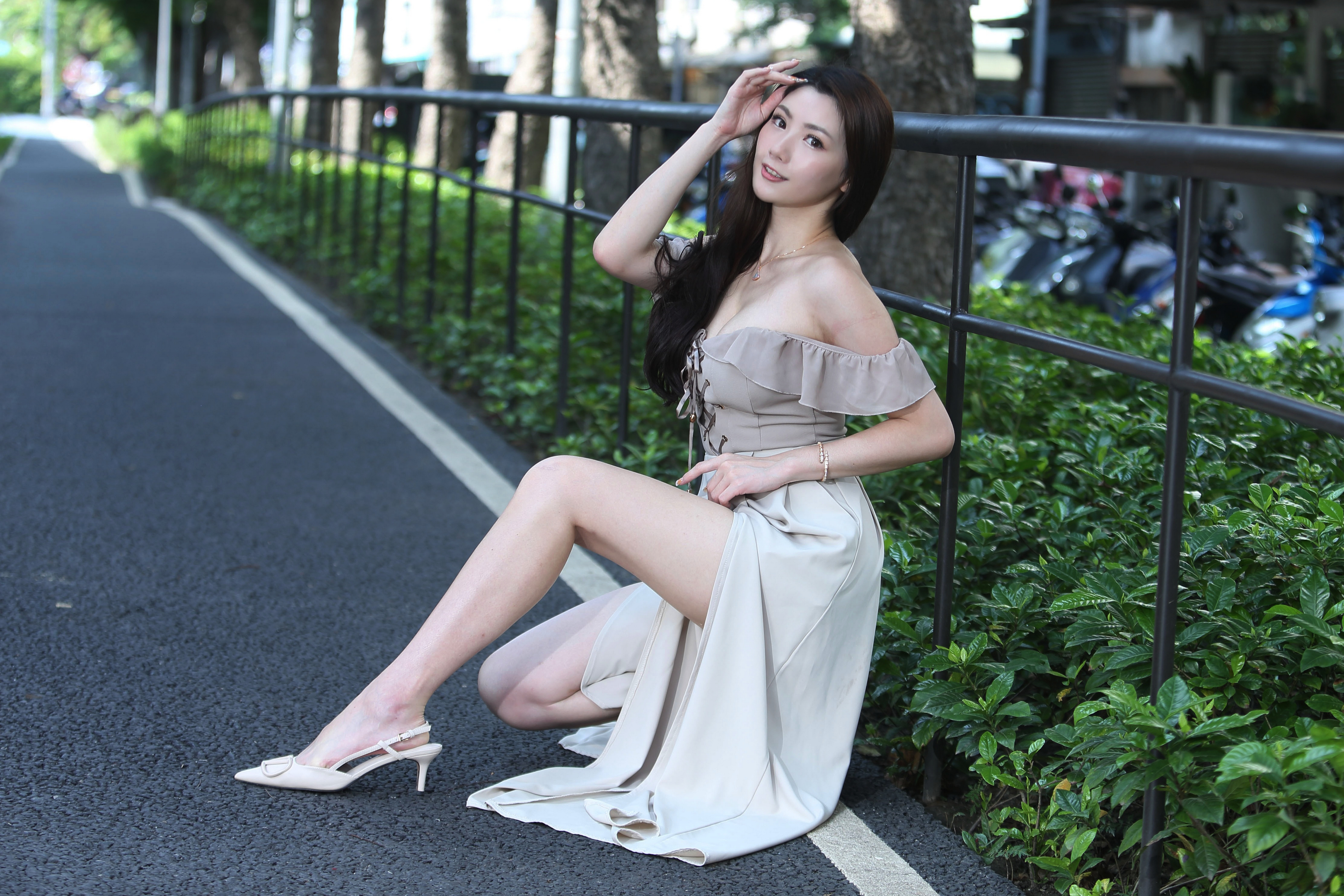Asian Model Women Dark Hair Long Hair Iron Railing Bushes Heels 3840x2560