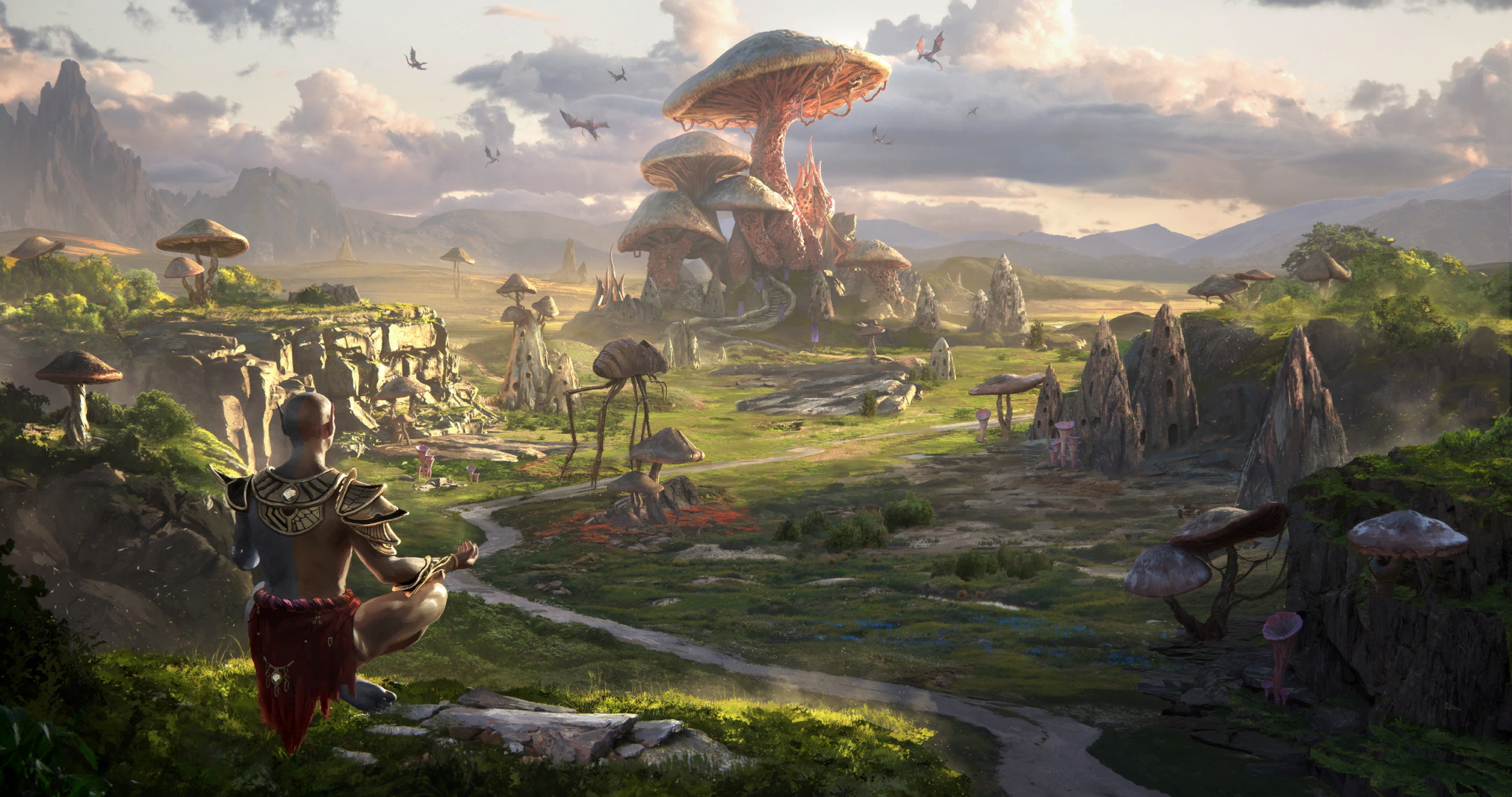 The Elder Scrolls Iii Morrowind Loading Screen Mushroom Yoga Pose The Elder Scrolls Video Game Art C 2048x1080