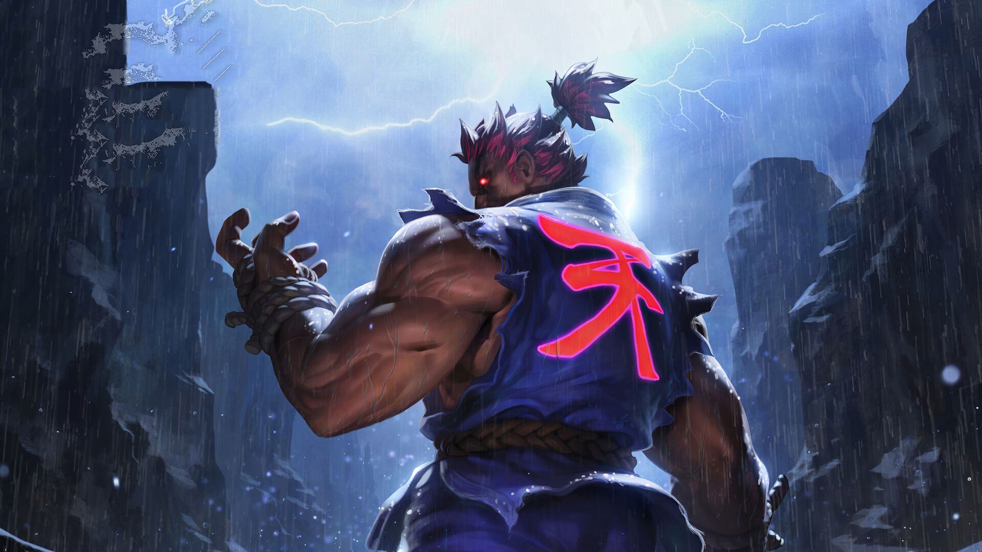 Street Fighter Akuma Rocks Lightning Video Game Characters Video Games Fighting Muscles Glowing Eyes 1920x1080
