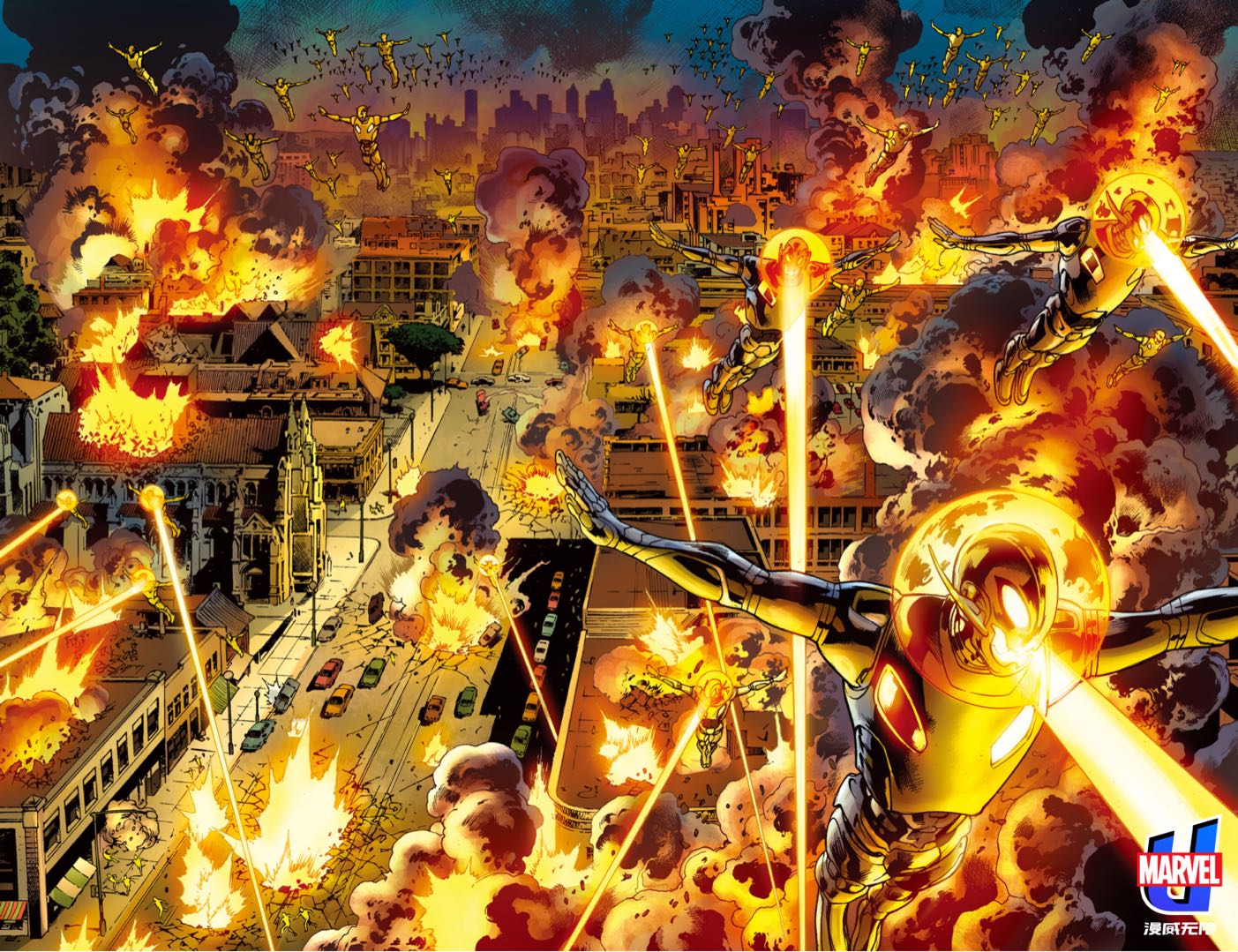 Spider Man Ultron City Destruction Fire 1403x1079