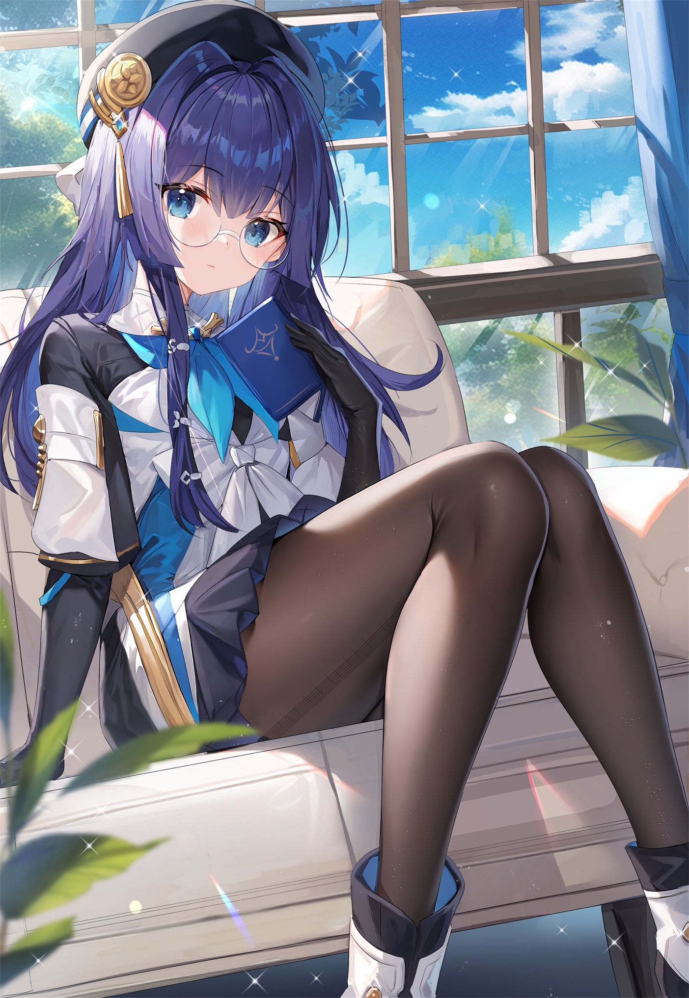 Anime Anime Girls Vertical Glasses Couch Blue Eyes Window Leaves Hat 1403x2034