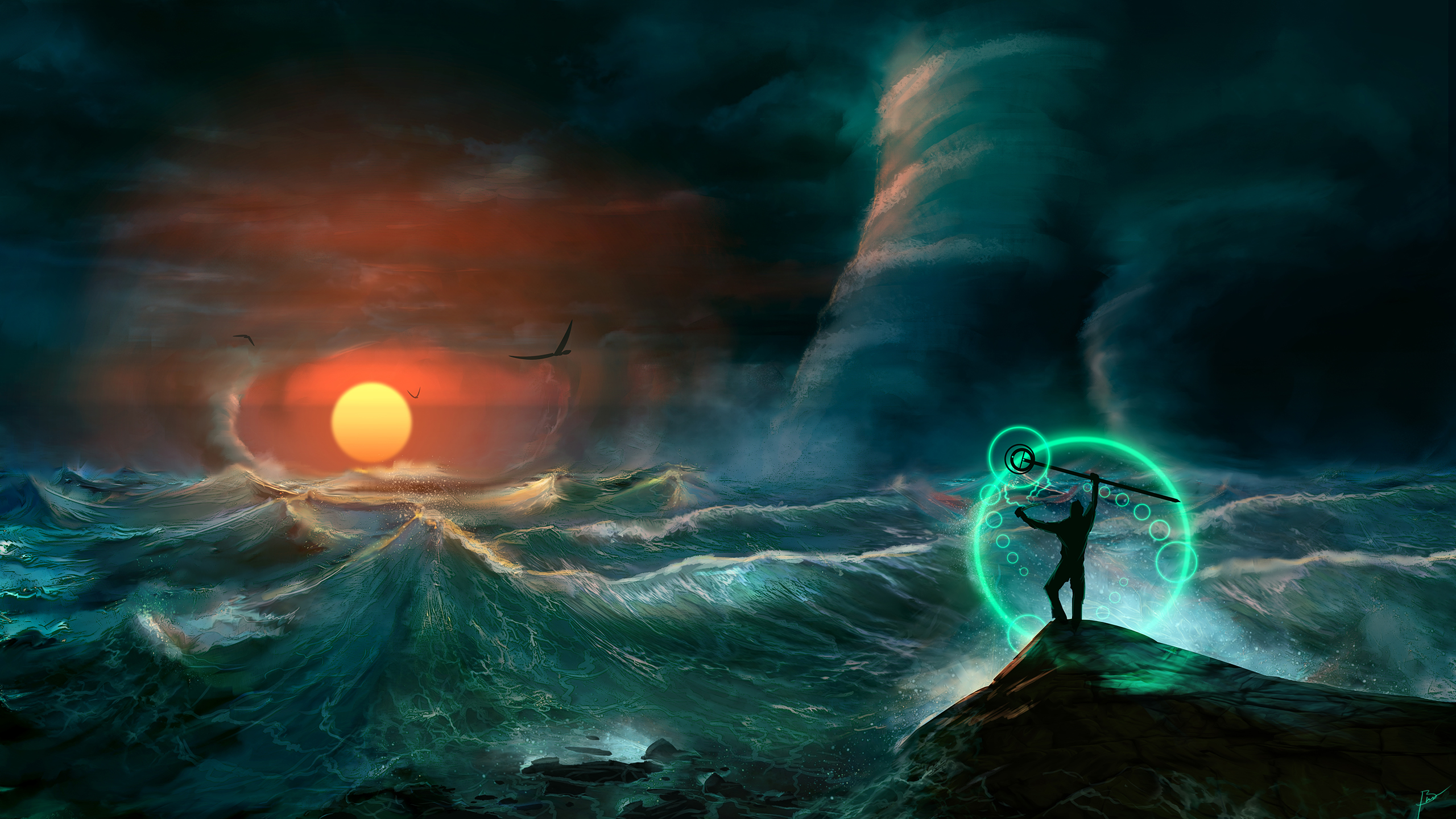 JoeyJazz Digital Art Water Fantasy Art Storm Sea Hurricane Sun 2560x1440