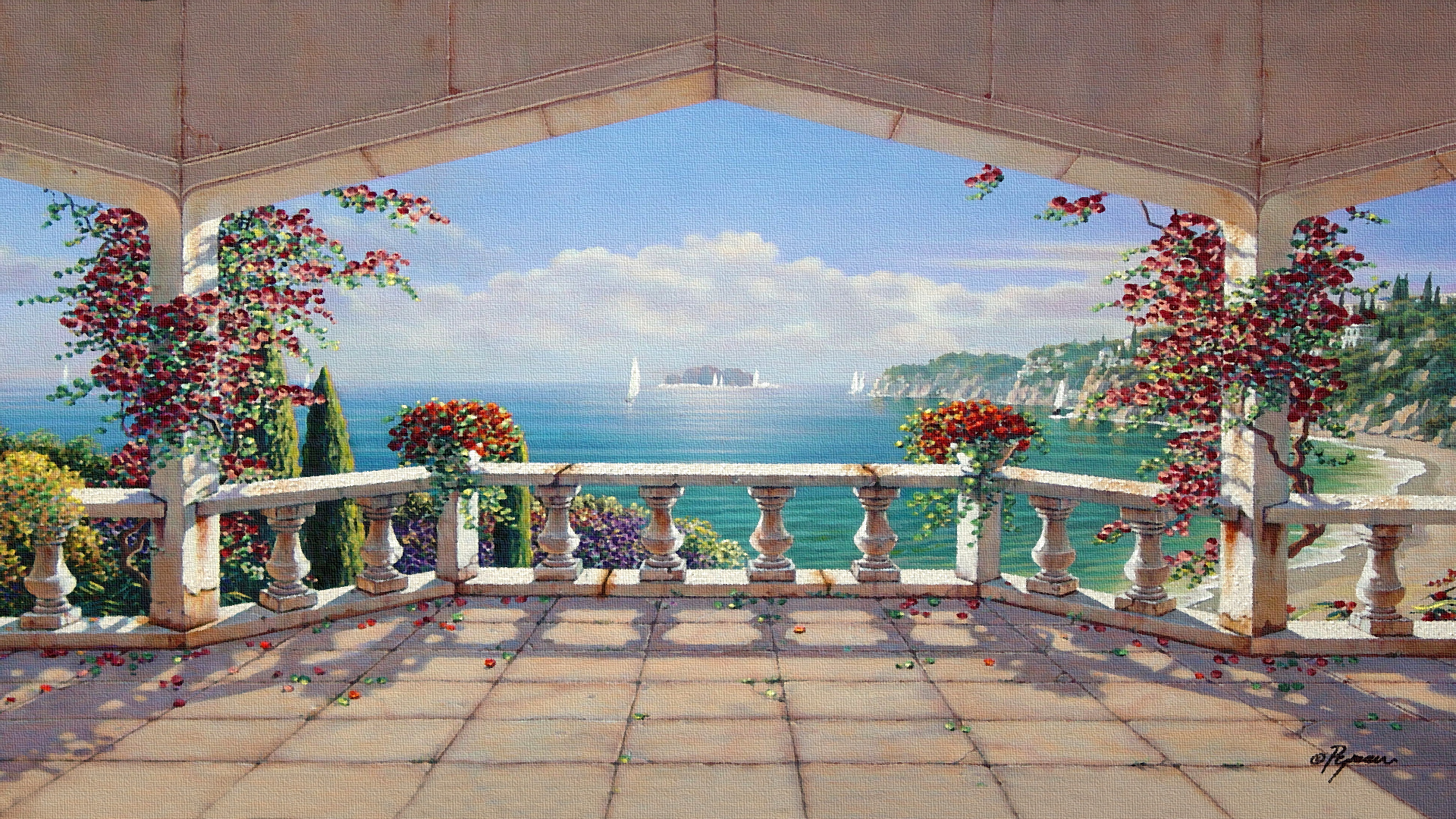 Painting Italy Sky Flowers Sea Clouds Water 1920x1080