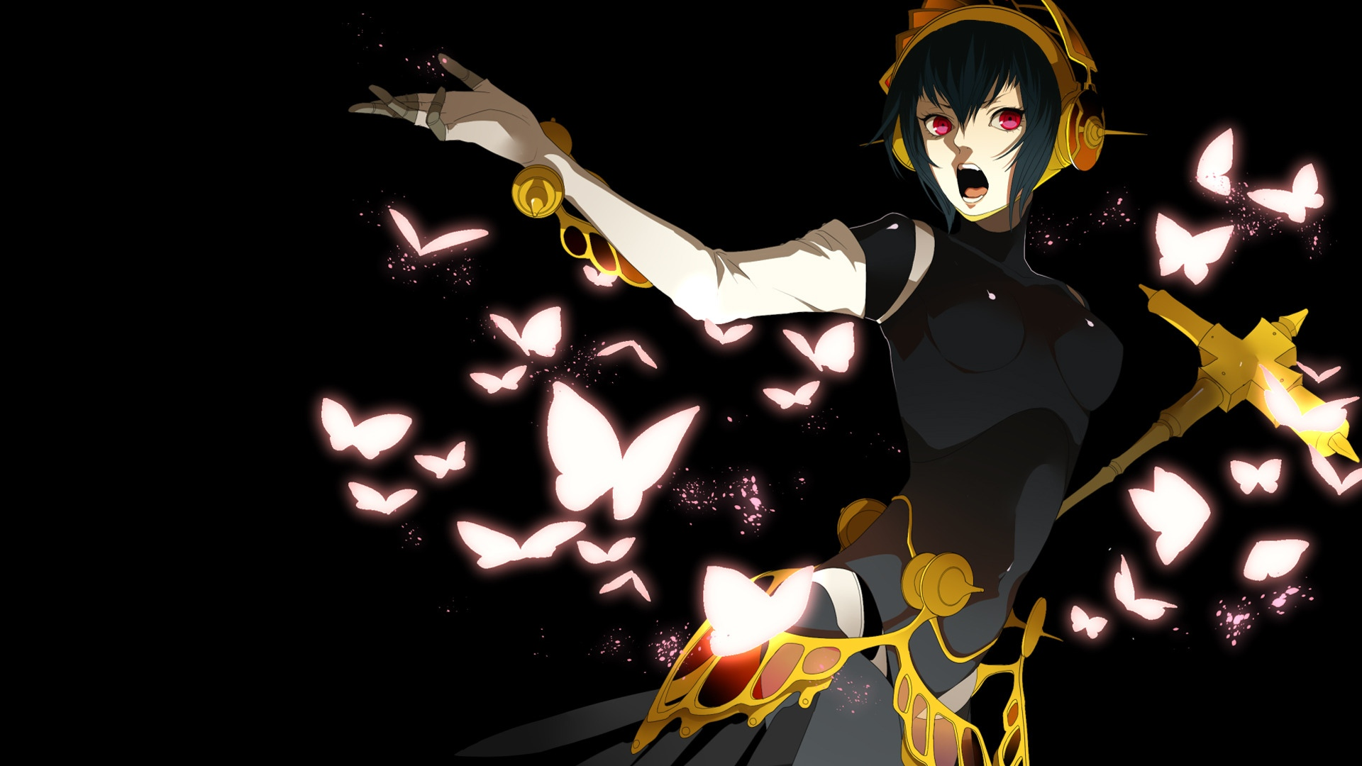 Persona 3 Metis Butterfly Black Background Red Eyes Battle Axe Black Outfits 1920x1080