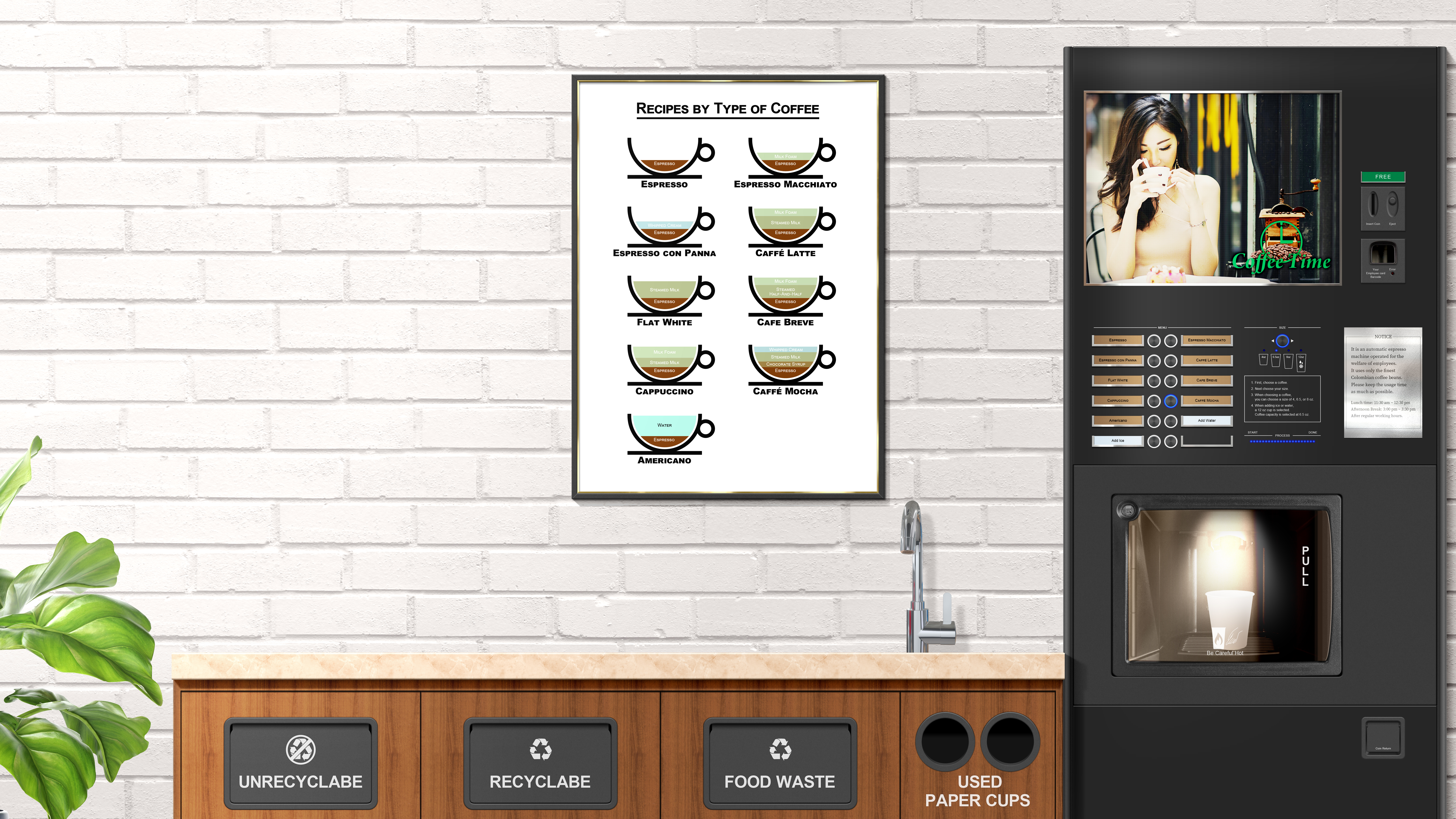 Coffee Vending Machine Machine Cup Asian Women Leaves Digital Art 7111x4000