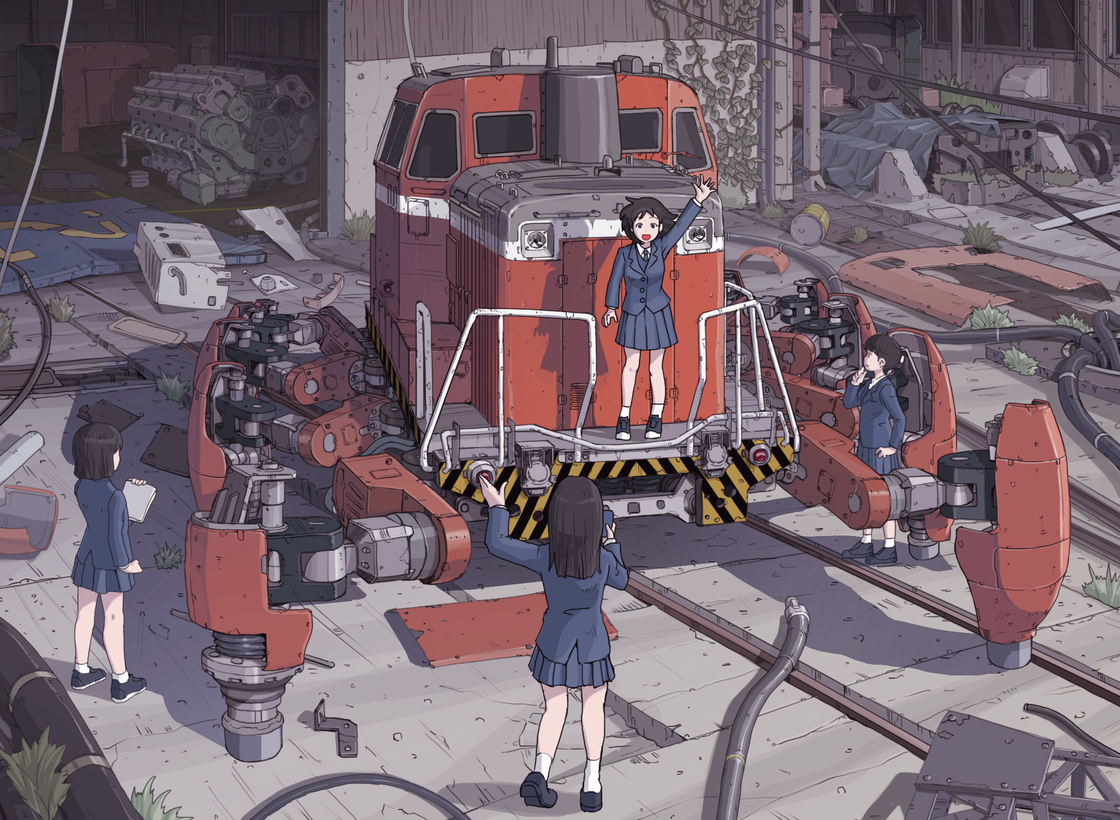 Anime Girls Mechs Garage Schoolgirl School Uniform 2184x1600