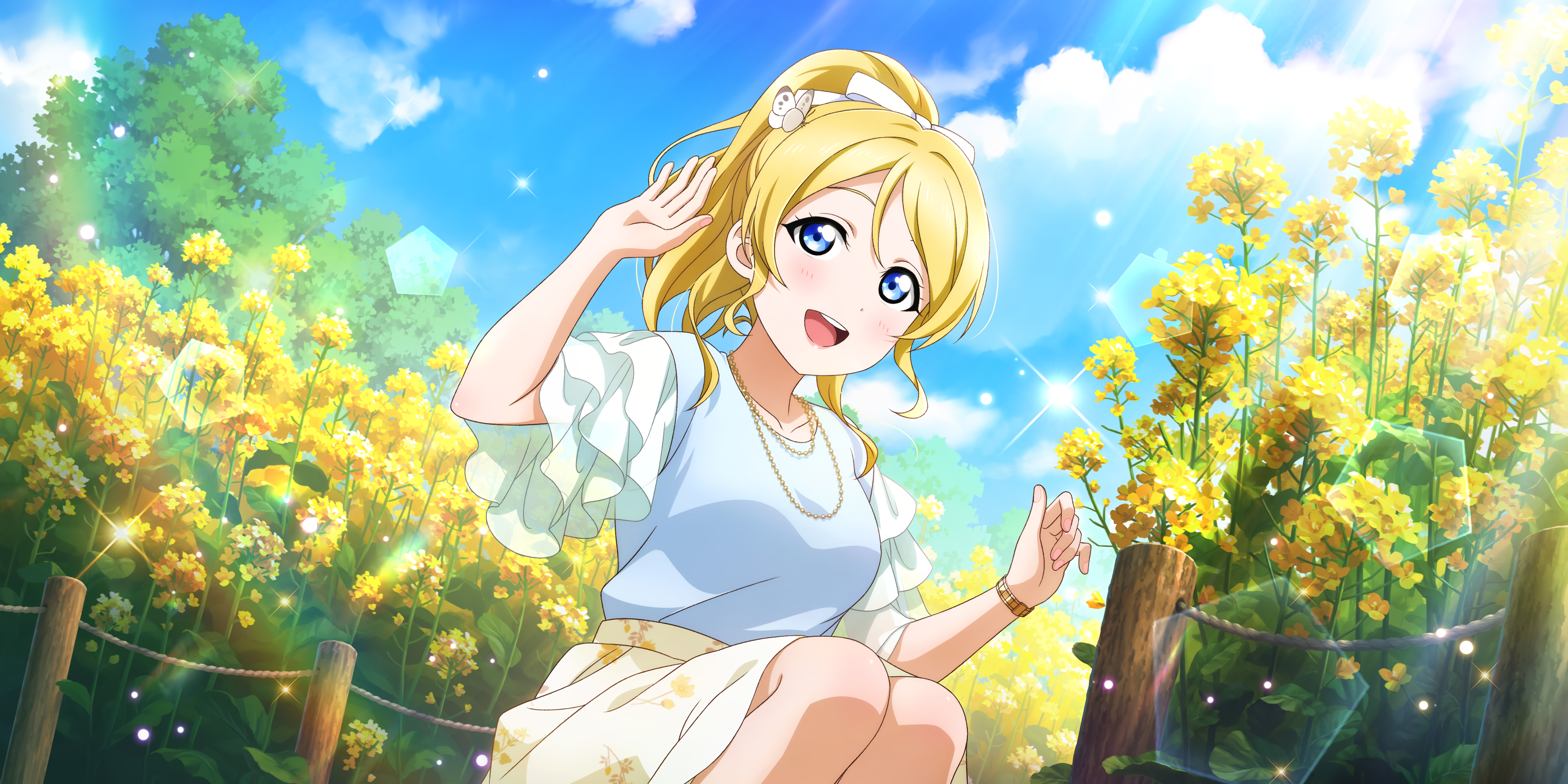 Ayase Eli Love Live Outdoors Yellow Flowers Trees Sparkles Clear Sky Clouds Blonde Blue Eyes Blush A 3600x1800
