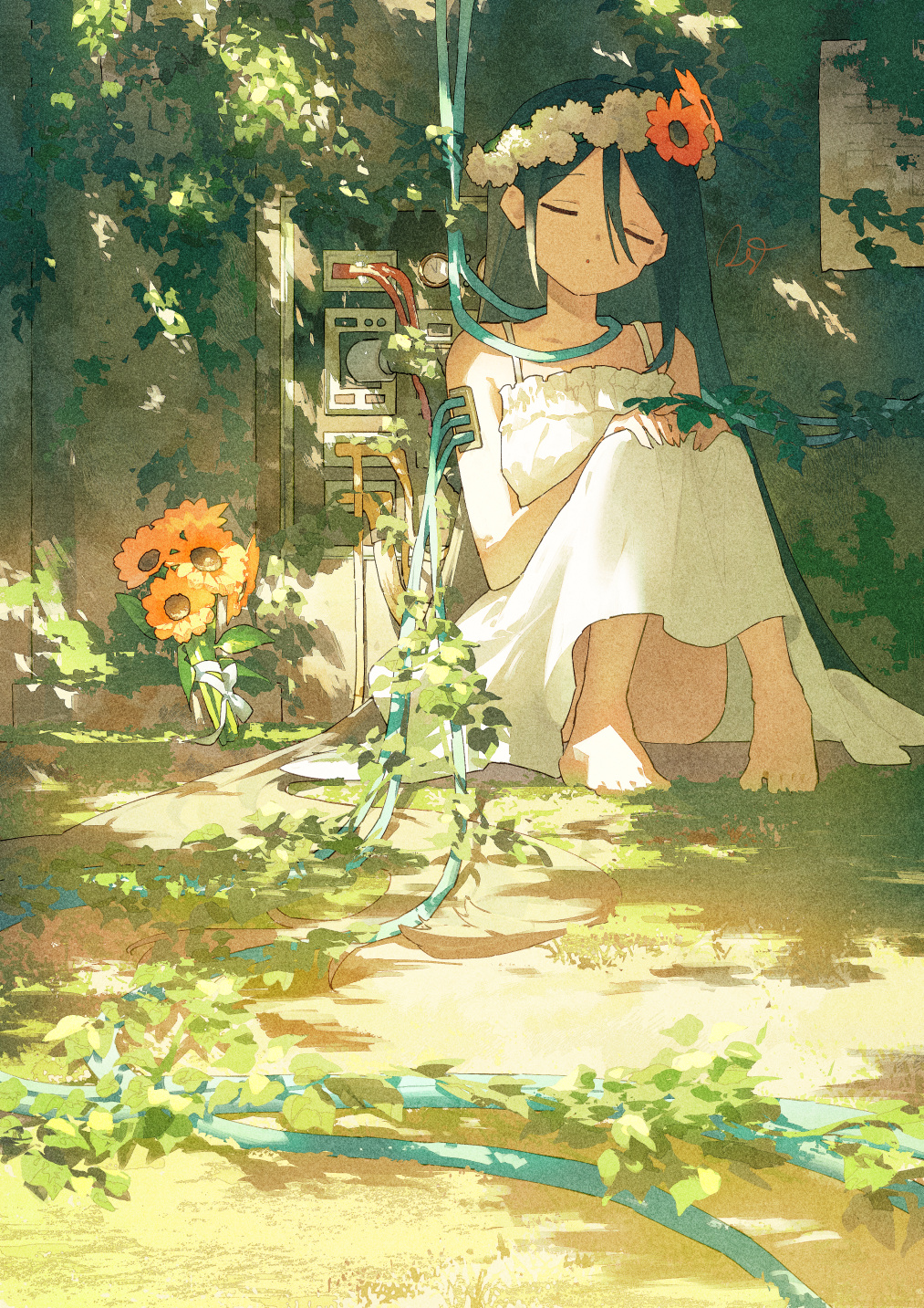 Anime Anime Girls Portrait Display Flowers Flower Crown Long Hair Closed Eyes Sunlight Dress Leaves  1013x1433