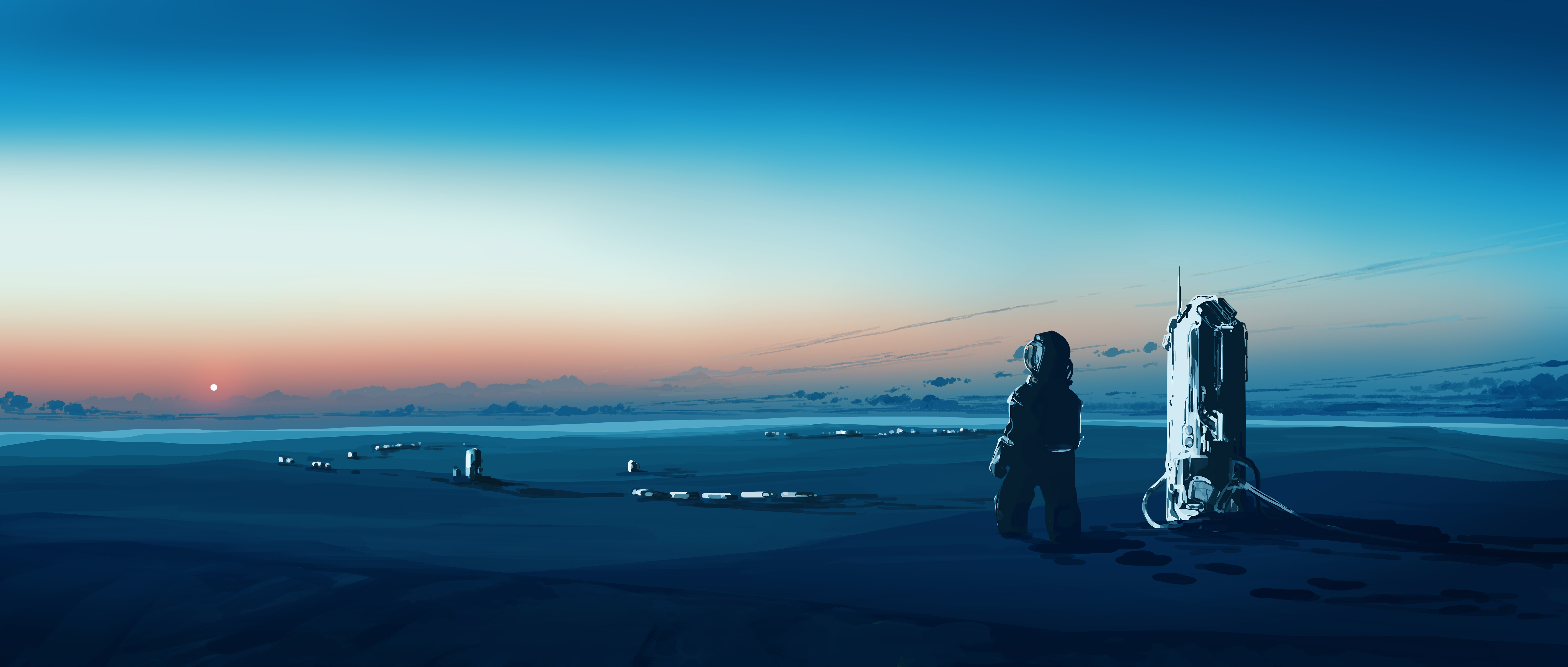 Anime Anime Sky Astronaut Spacesuit Spaceship Minimalism Sunset Sunset Glow 5640x2400