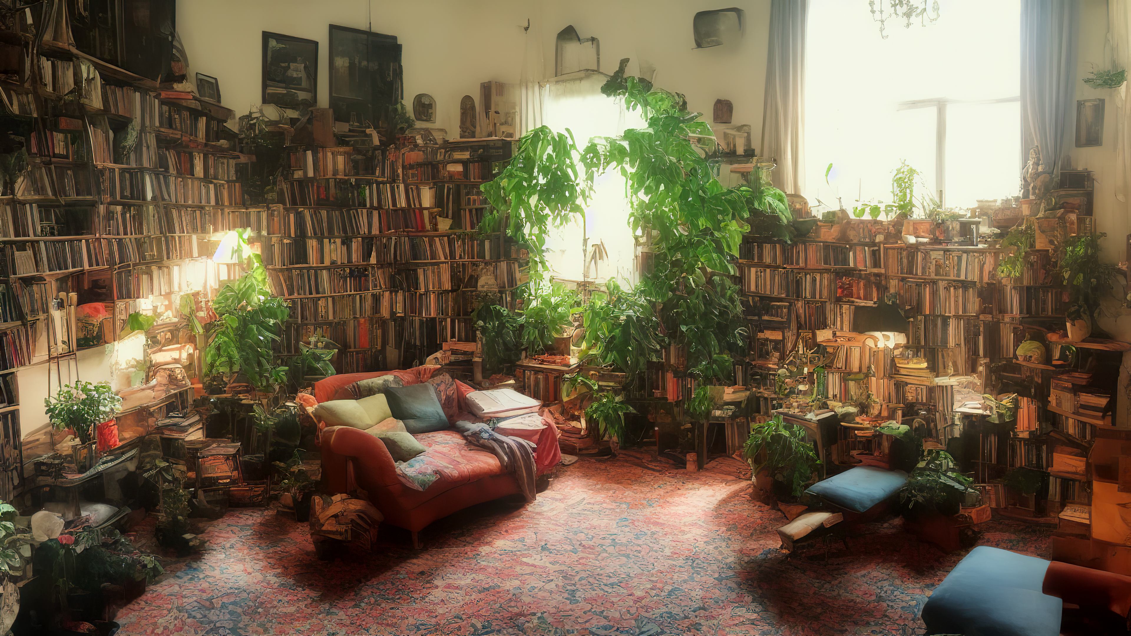 Ai Art Stable Diffusion Living Rooms Window Carpet Plants Bookcase Bookshelves Books Natural Light C 3840x2160