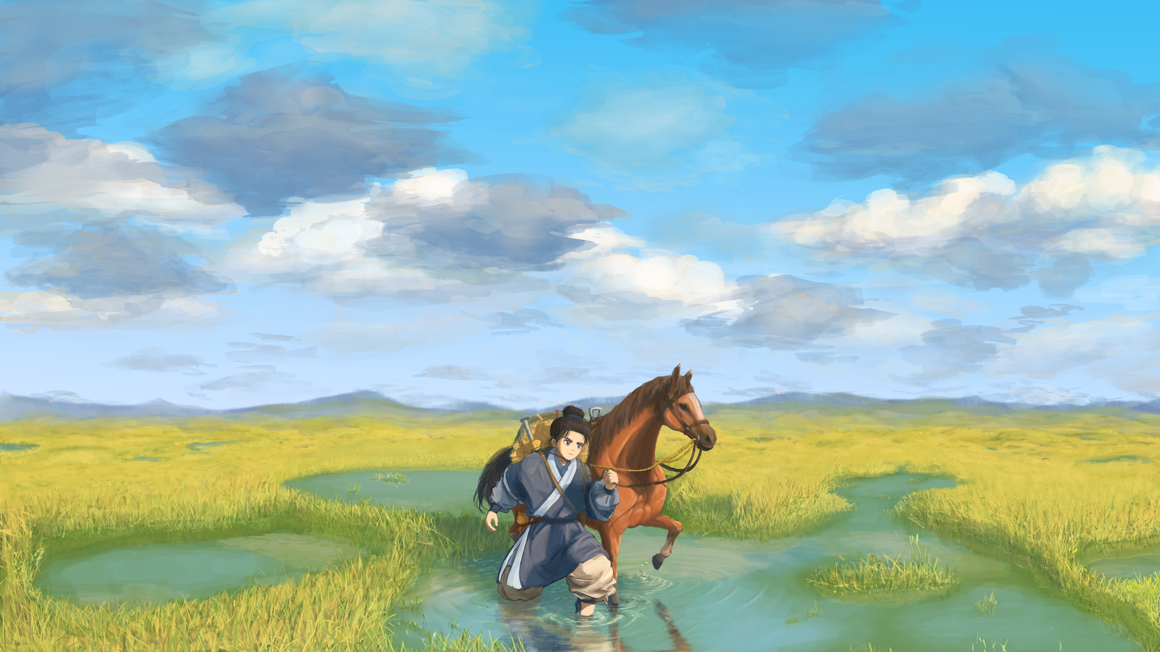 Anime Boys Horse Grass Wet Sky Hiker China Anime Water Clouds Animals 3841x2159