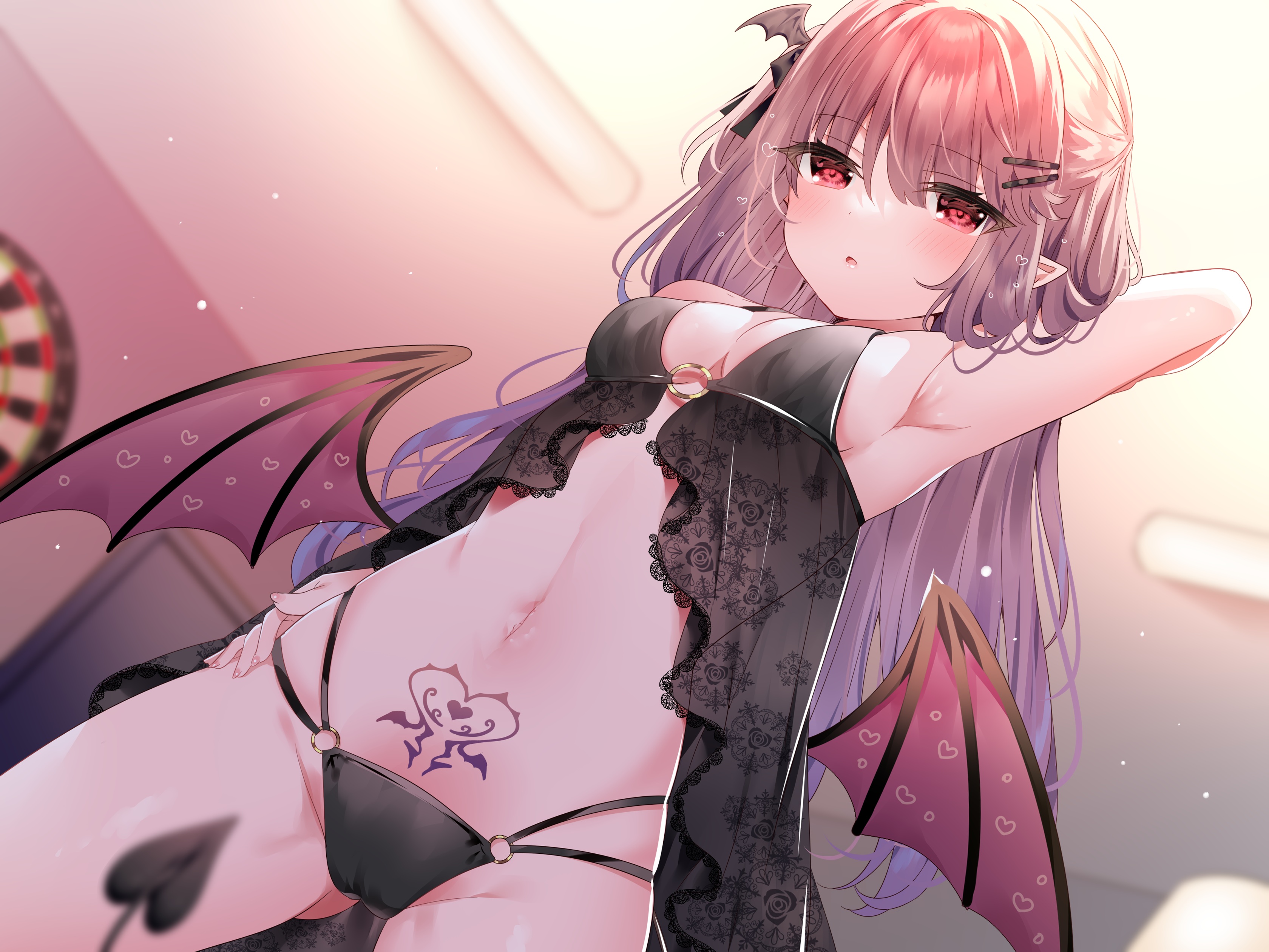 Anime Girls Mafuyu Tattoo Pointy Ears Tail Wings Red Eyes Bat Wings Demon Tail 3360x2520